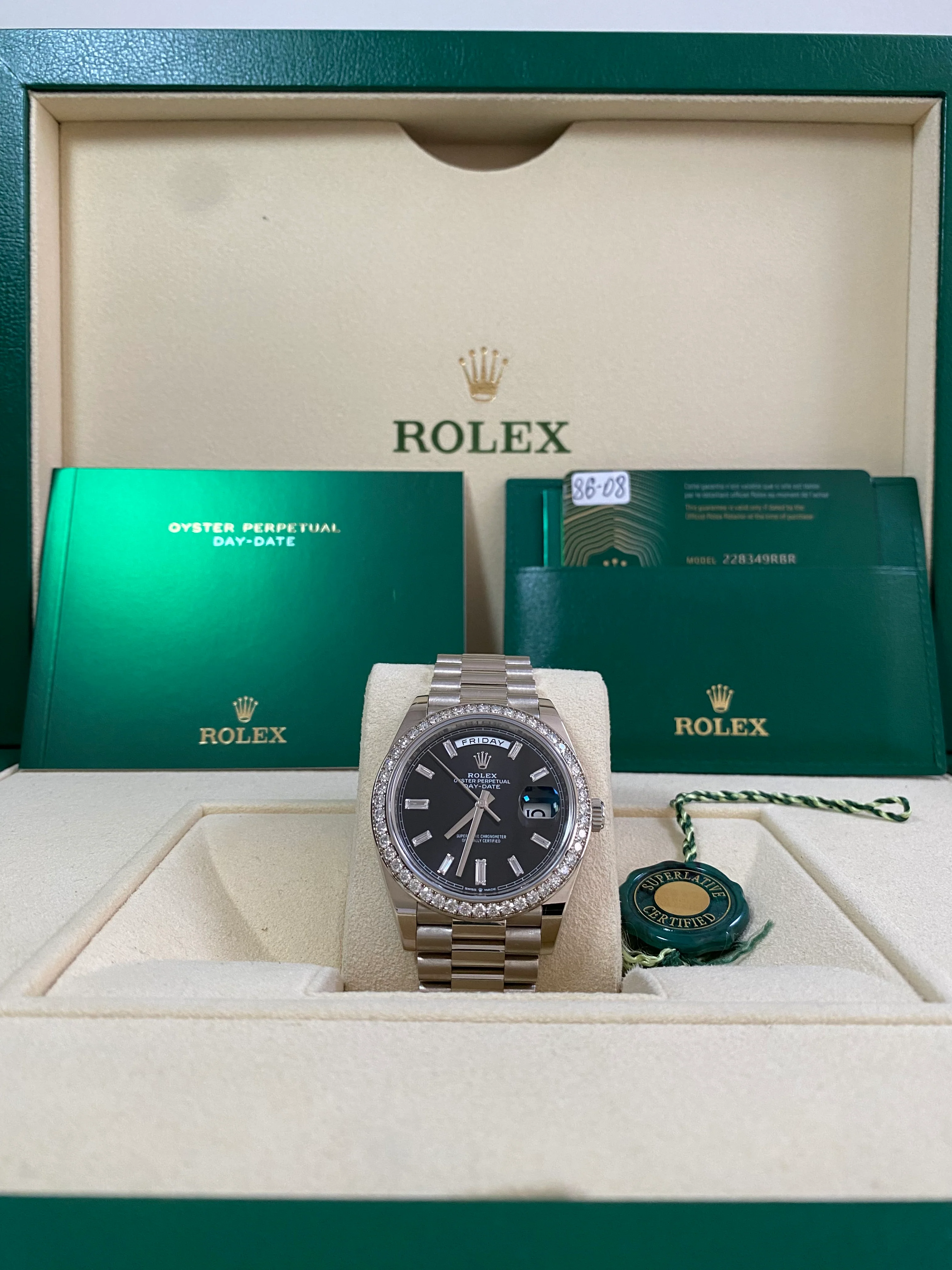 Rolex White Gold Day-Date 40 - 2023 - Diamond-Set Bezel - Black Baguette Dial - President Bracelet - 228349RBR