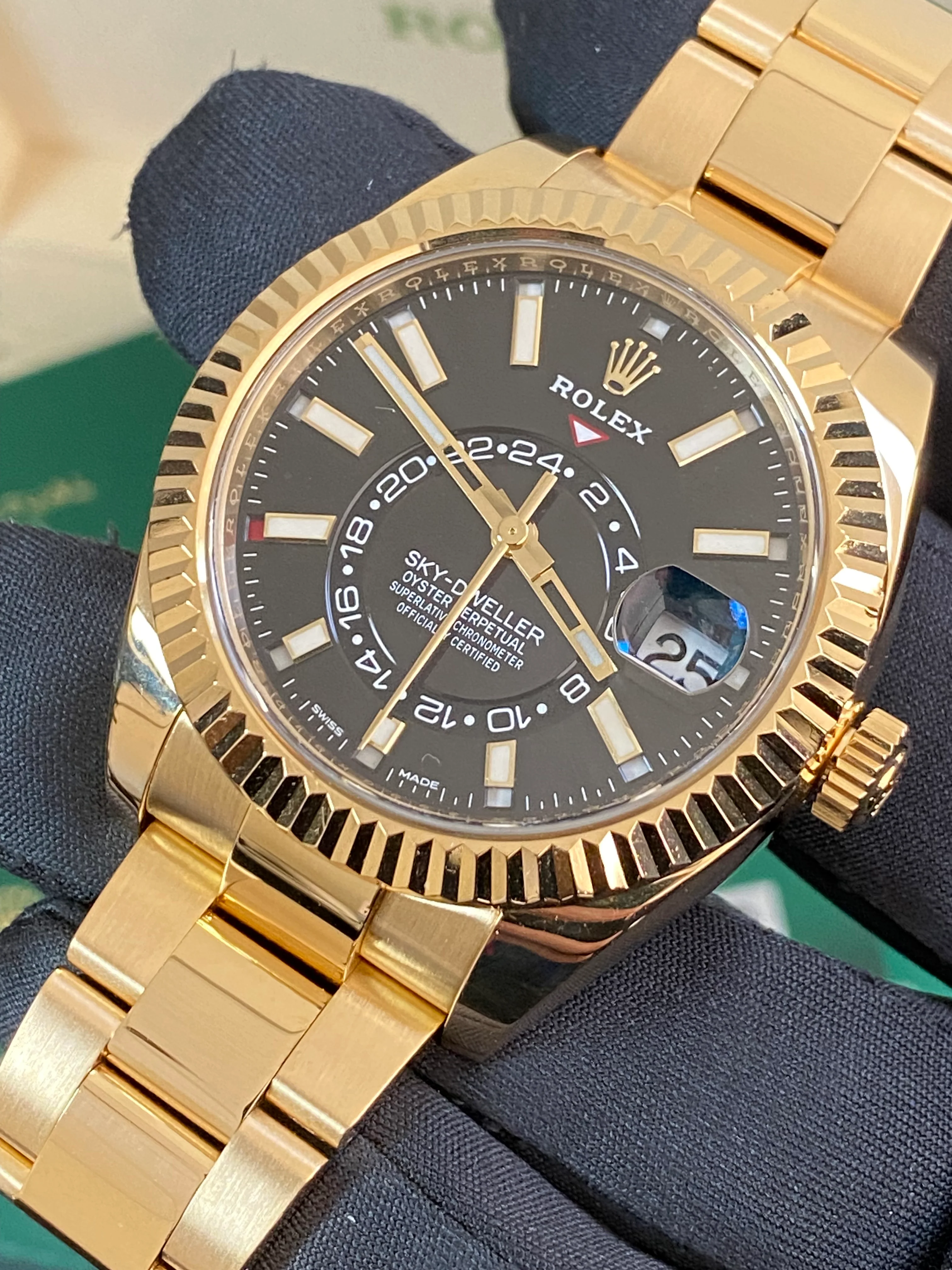Rolex Yellow Gold Sky-Dweller - 2022 - Black Index Dial - Oyster Bracelet - 326938 *COMPLETE SET*