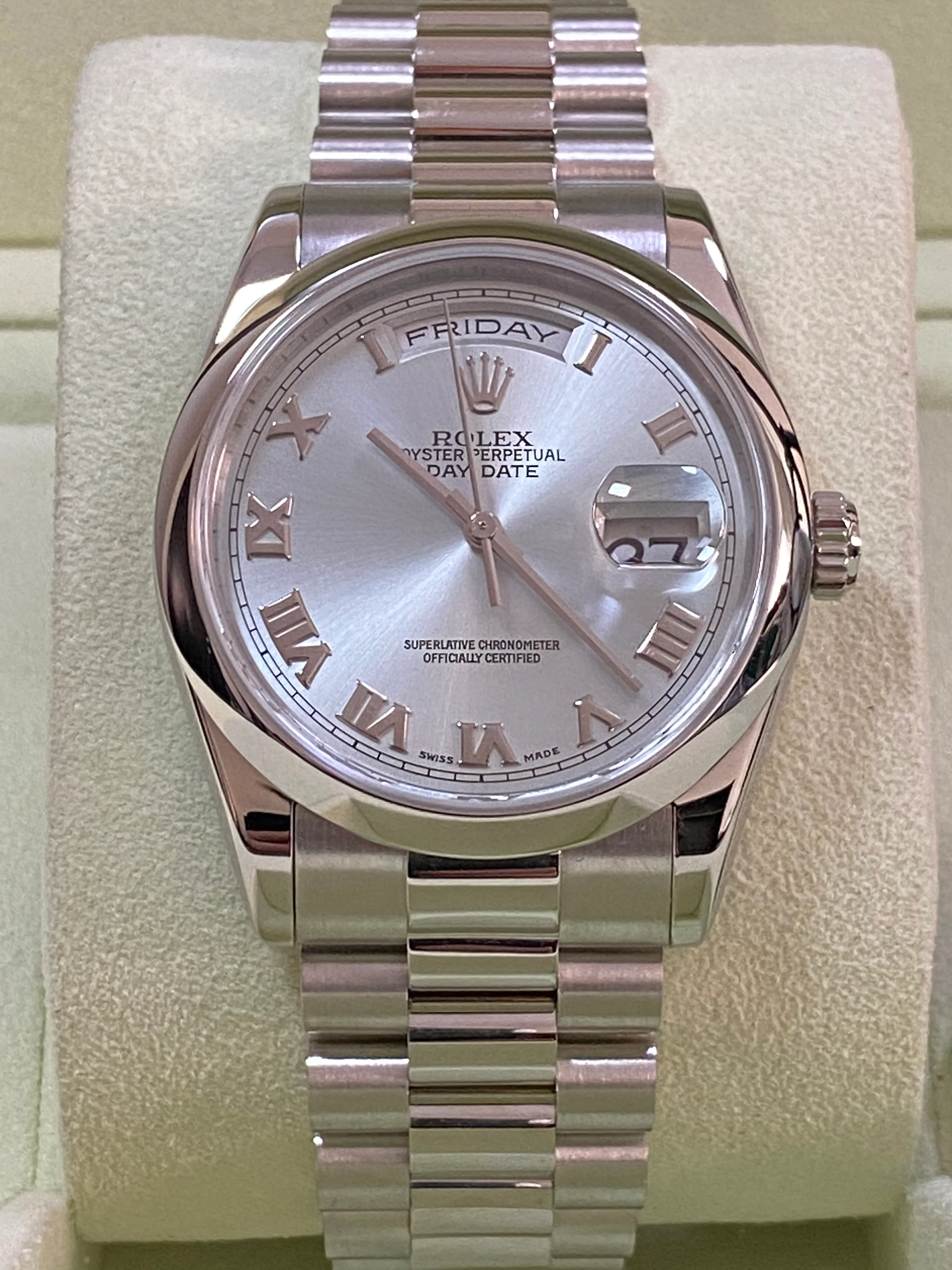Rolex Platinum Day-Date 36 - K serial - Domed Bezel - Ice Blue Roman Dial - President Bracelet - 118206