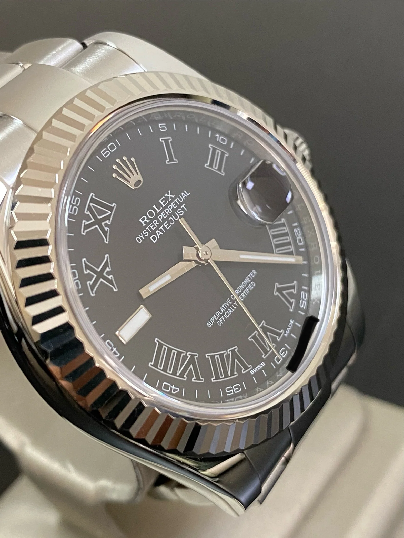 Rolex Steel Datejust II - 2017 - Fluted Bezel - Black Roman Dial - Oyster Bracelet - 116334 *FULL SET*
