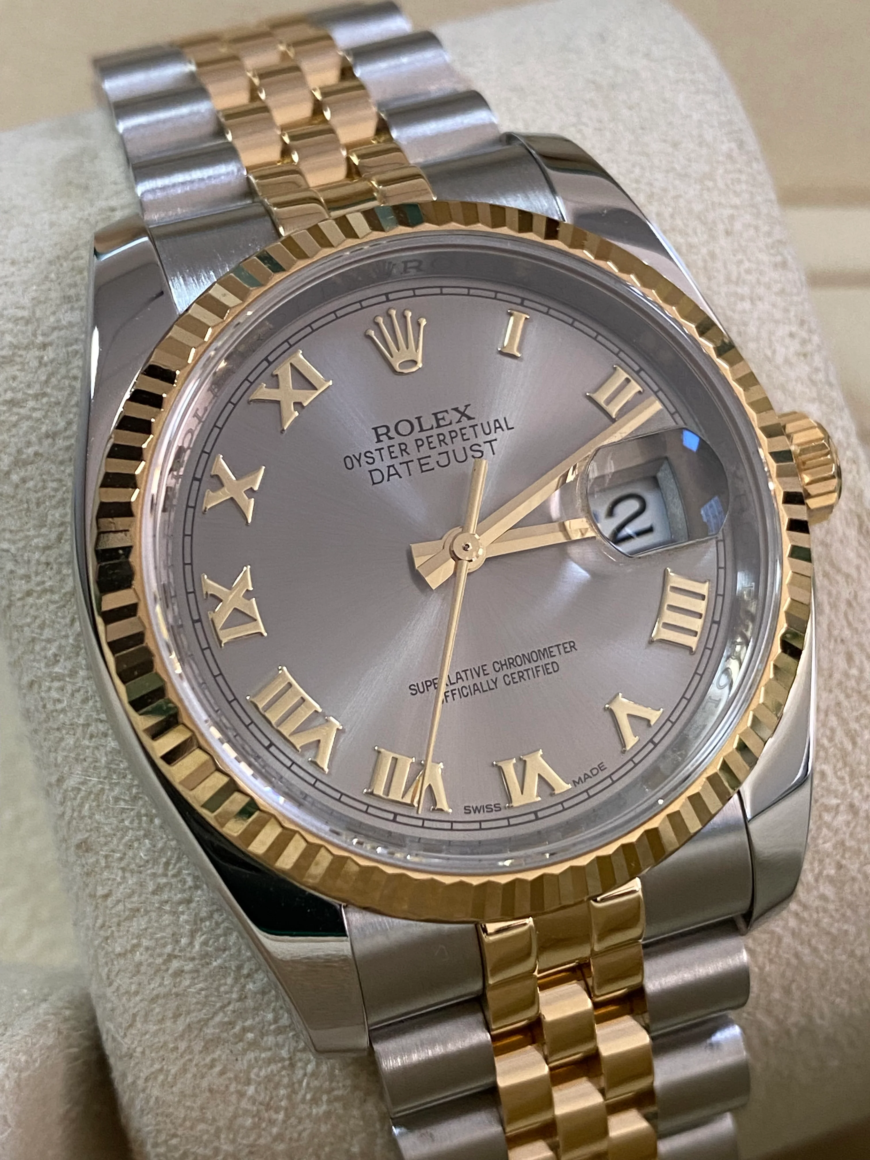Rolex Steel and Yellow Gold Datejust 36 - 2014 - Fluted Bezel - Slate Grey Roman Dial - Jubilee Bracelet - 116233 *FULL SET*