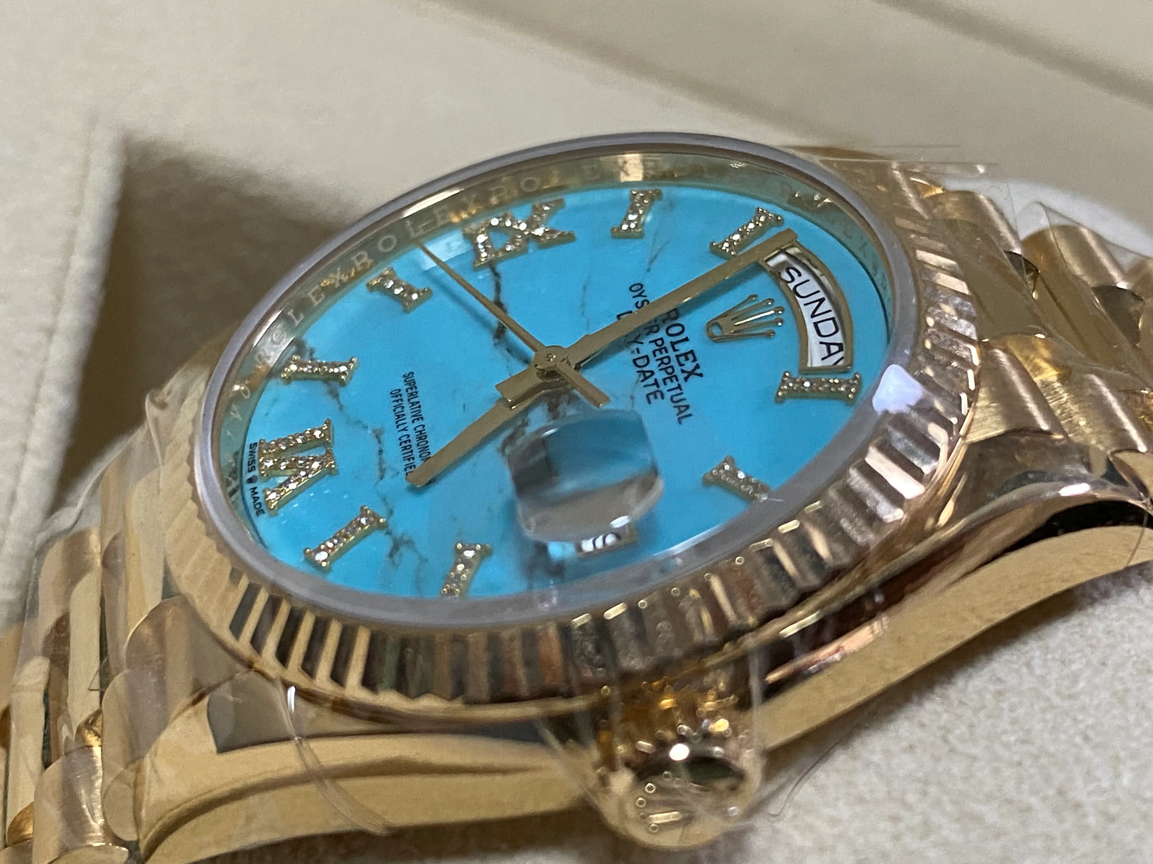 Rolex Yellow Gold Day-Date 36 - 2023 - Turquoise Diamond-Set Dial - Fluted Bezel - President Bracelet - 128238