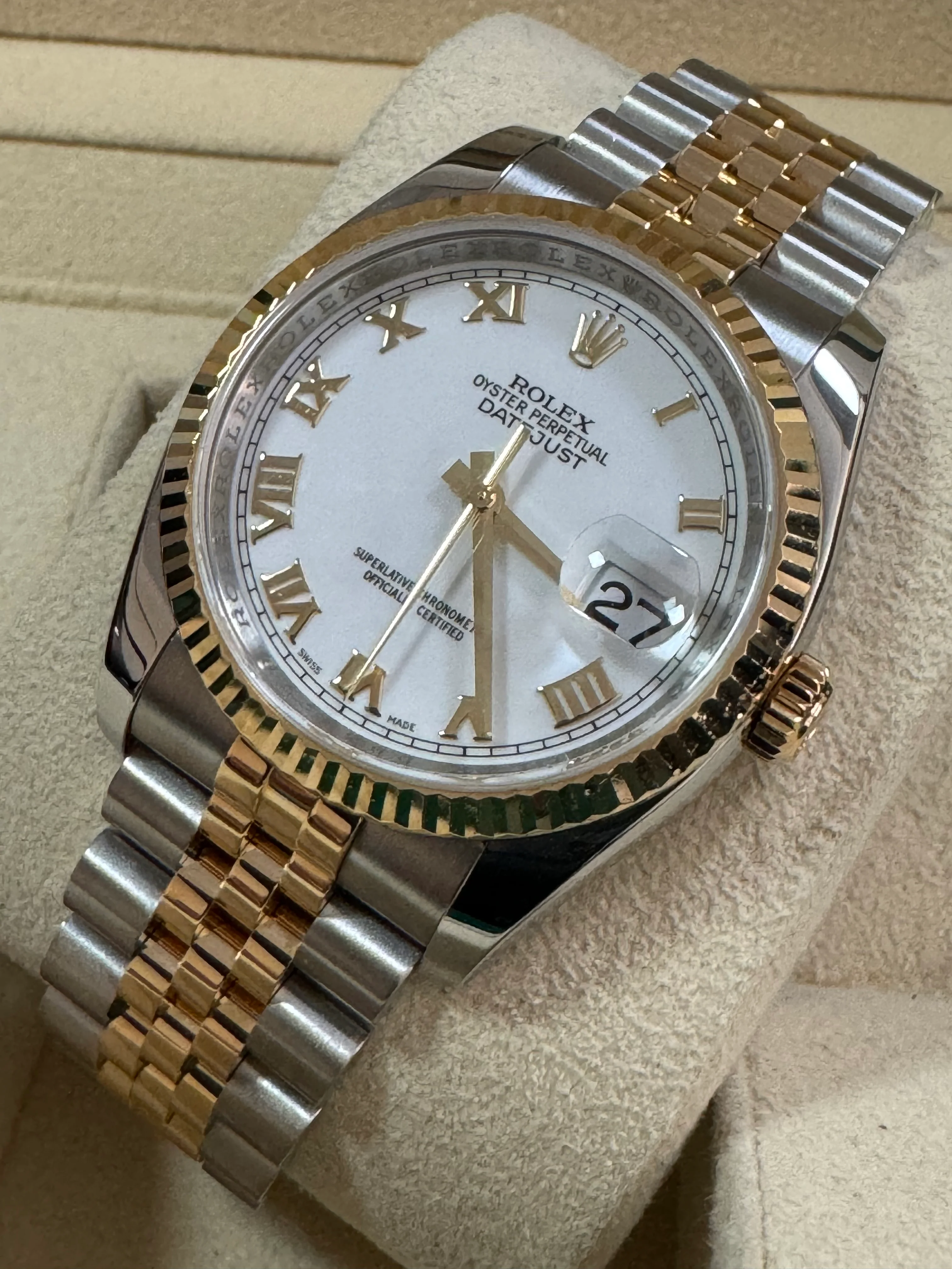 Rolex Steel and Yellow Gold Datejust 36 - D serial - Fluted Bezel - White Roman Dial - Jubilee Bracelet - 116233 COMPLETE SET