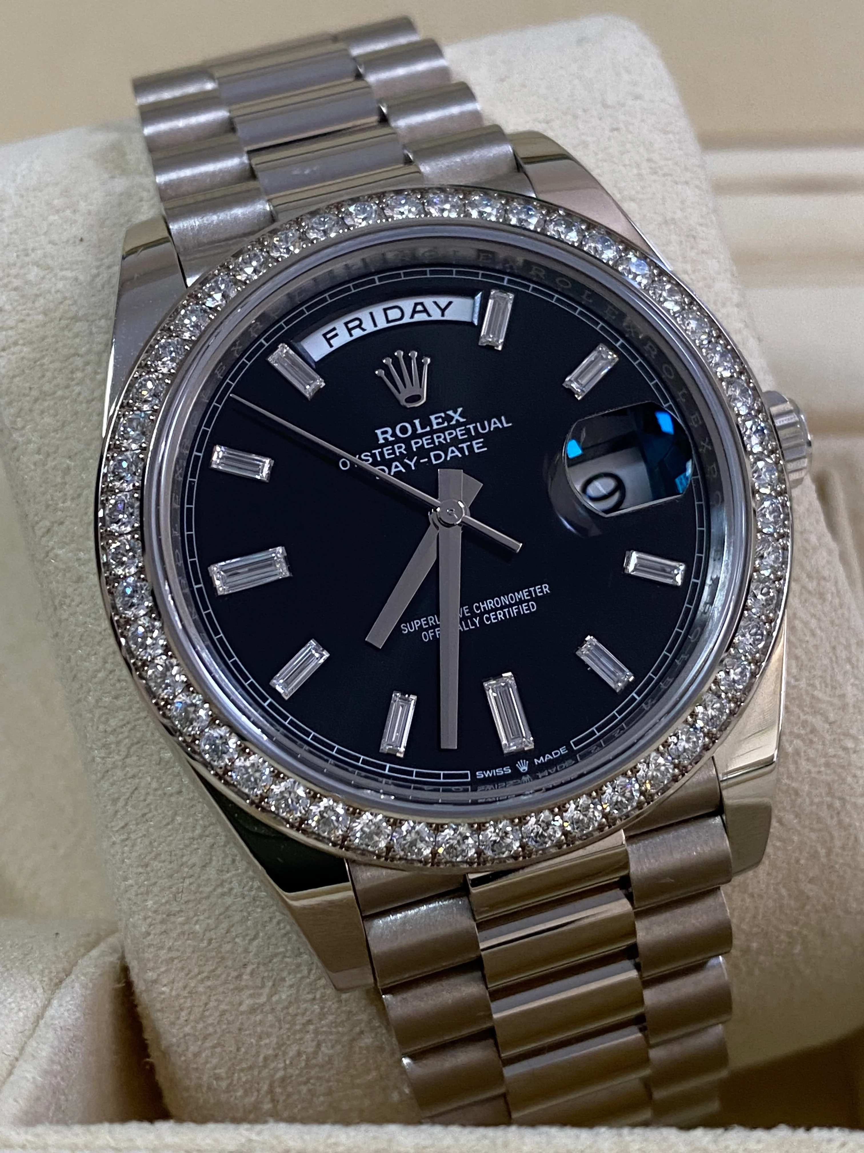 Rolex White Gold Day-Date 40 - 2023 - Diamond-Set Bezel - Black Baguette Dial - President Bracelet - 228349RBR