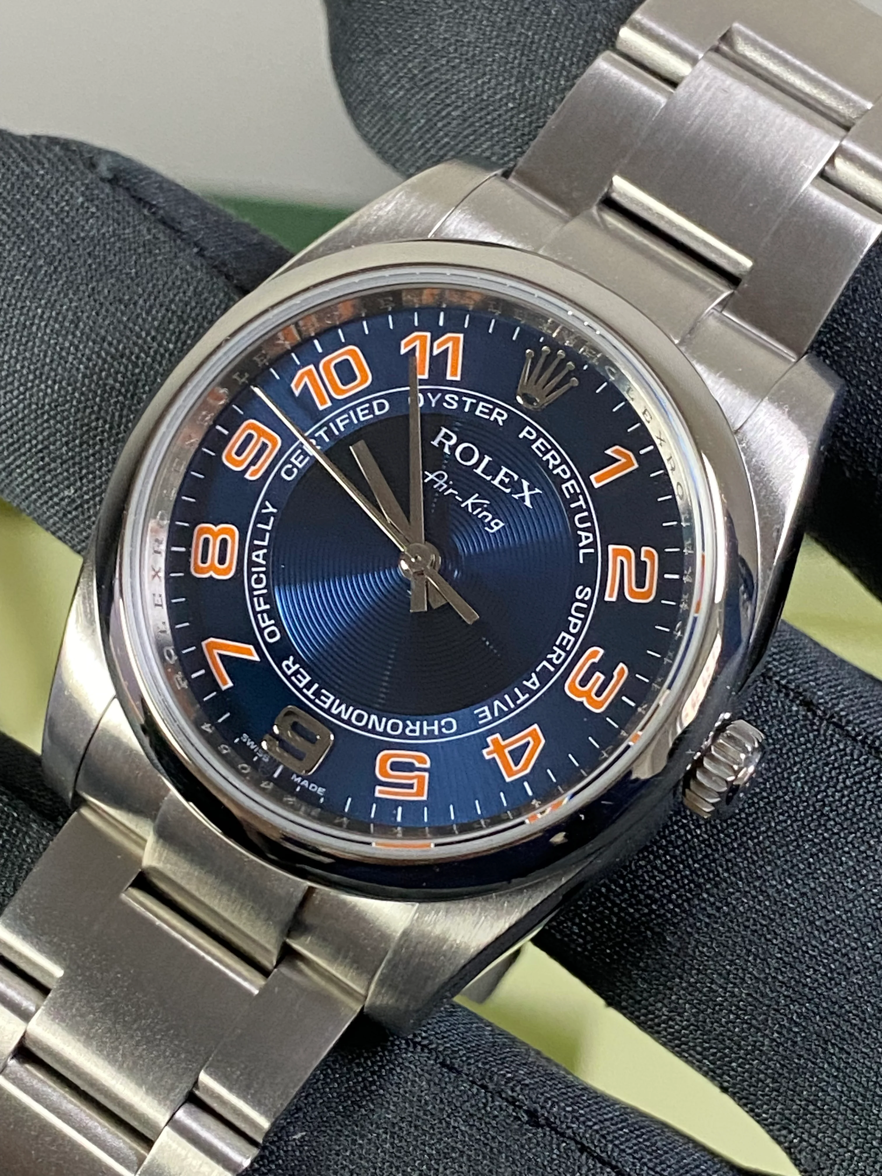 Rolex Air-King  - Domed Bezel - M Serial - Blue Dial - Orange Arabic Numerals - 114200