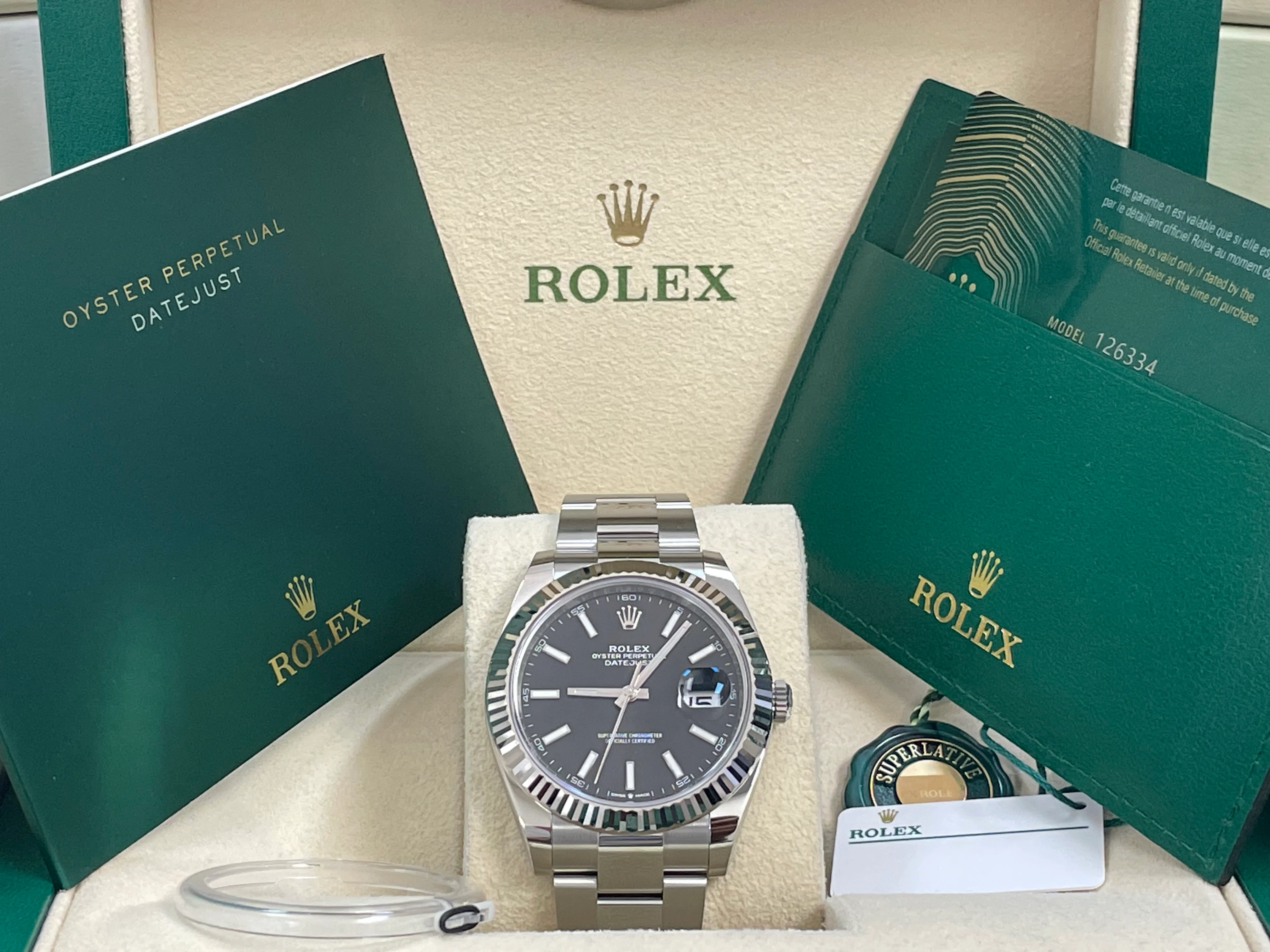 Rolex Steel and White Gold Datejust 41 - 2023 - Fluted Bezel - Black Index Dial - Oyster Bracelet - 126334