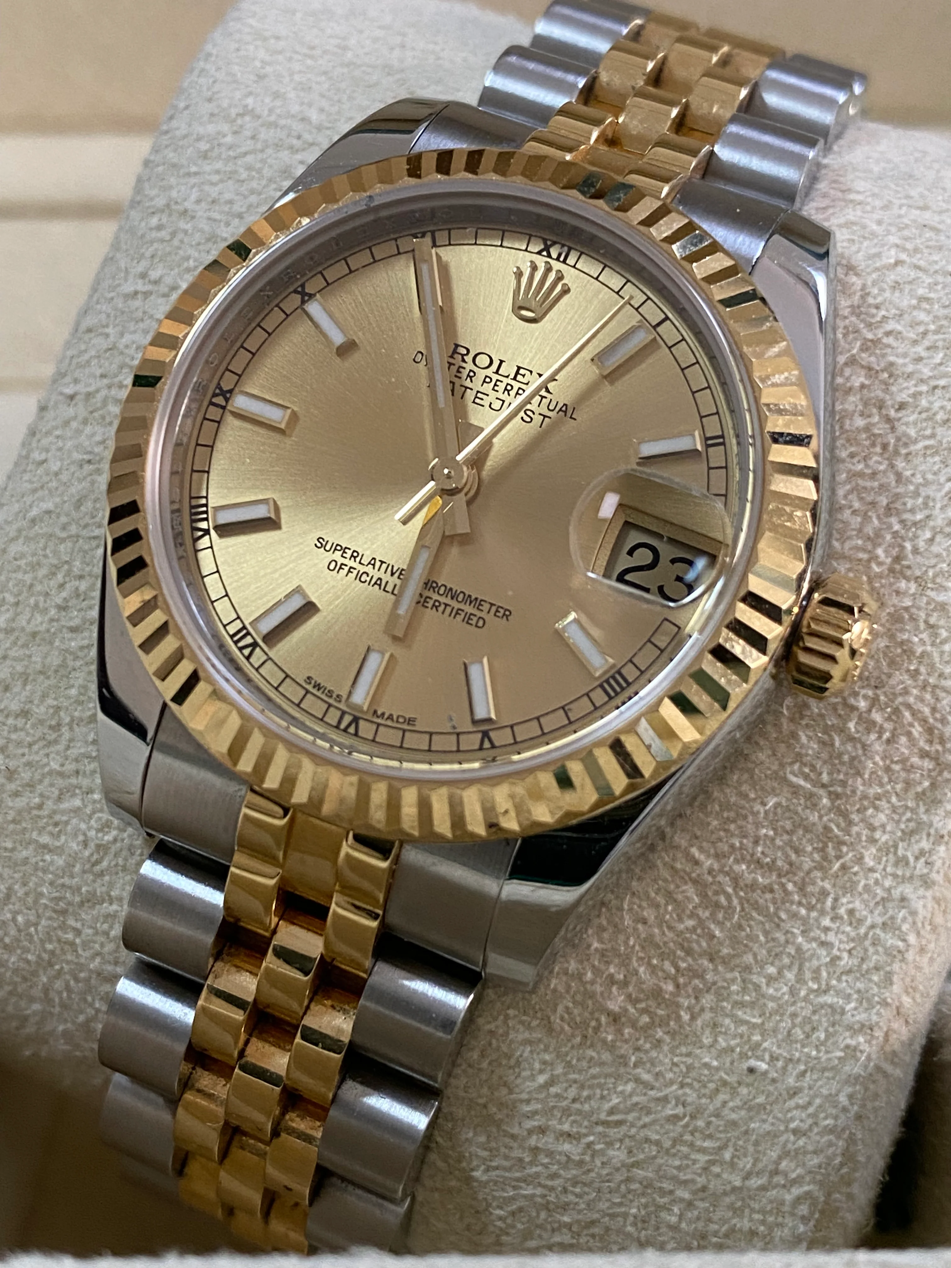 Rolex Yellow Gold Rolesor Datejust 31 - 2014 - Fluted Bezel - Champagne Index Dial - Jubilee Bracelet - 178273 *FULL SET*