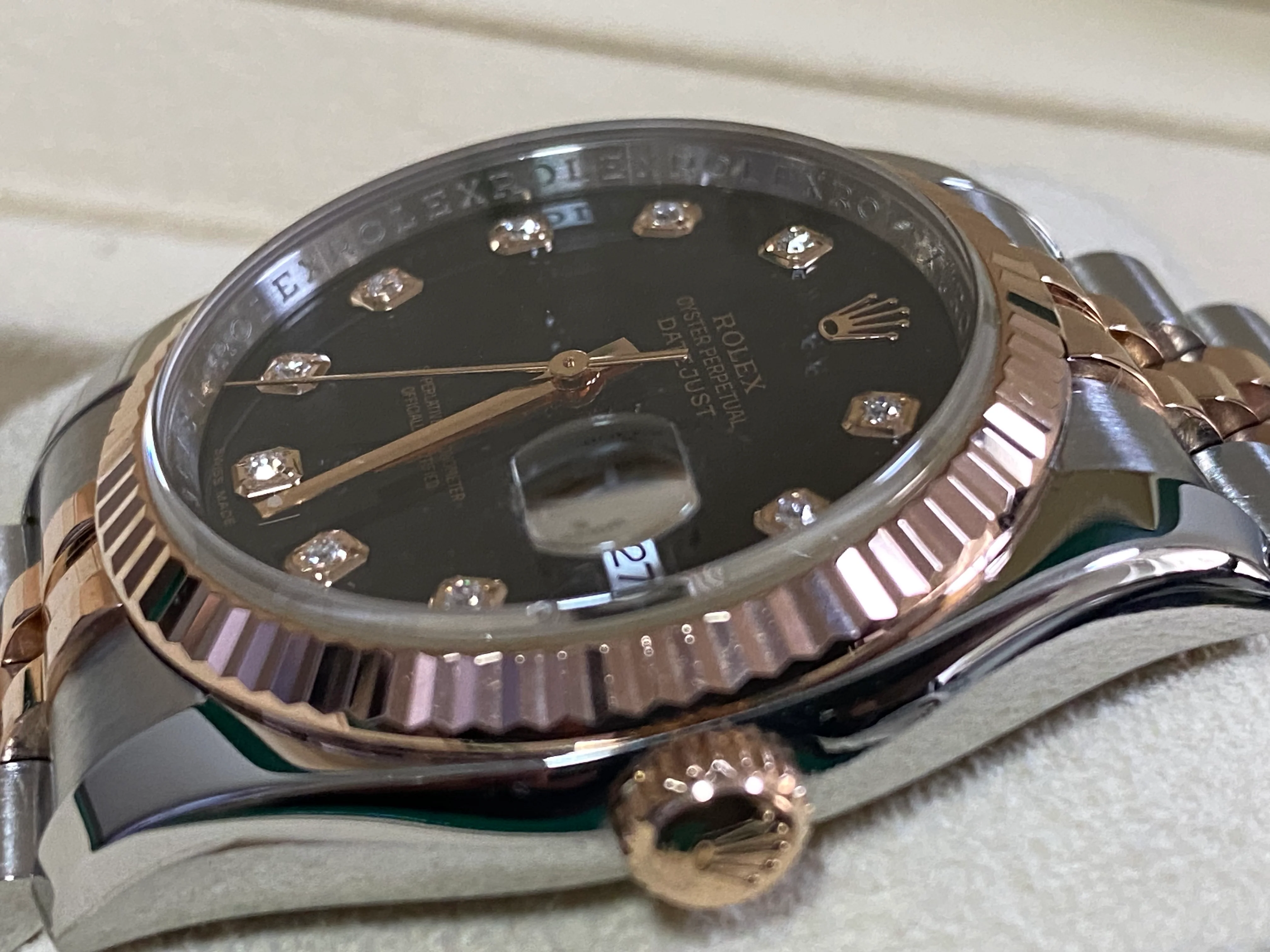 Rolex Steel and Everose Gold Datejust 36 - 2009 - Fluted Bezel - Black Diamond Dial - Jubilee Bracelet - 116231