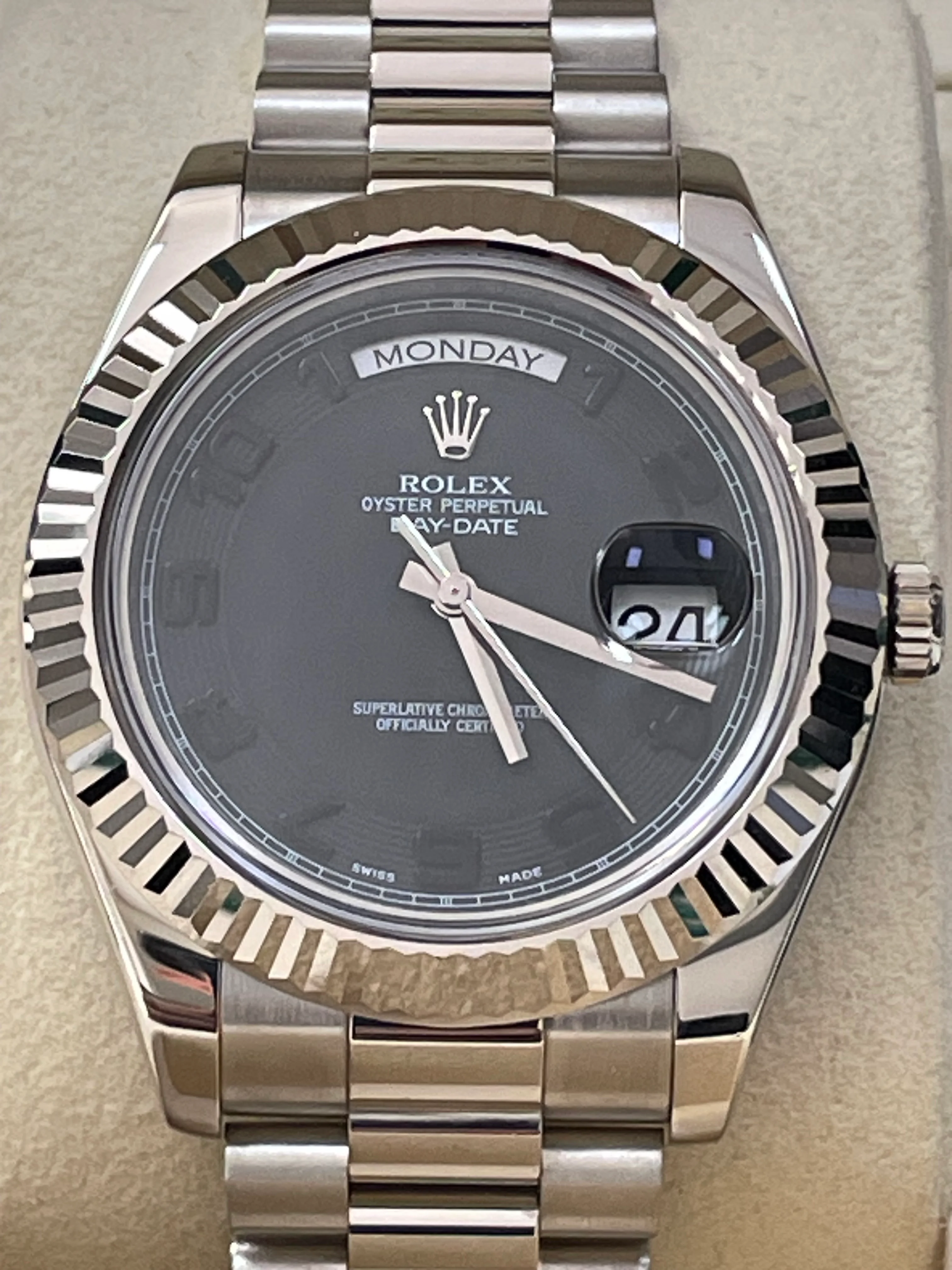 Rolex White Gold Day-Date II - 2017 - Fluted Bezel - Black Concentric Dial - President Bracelet - 218239