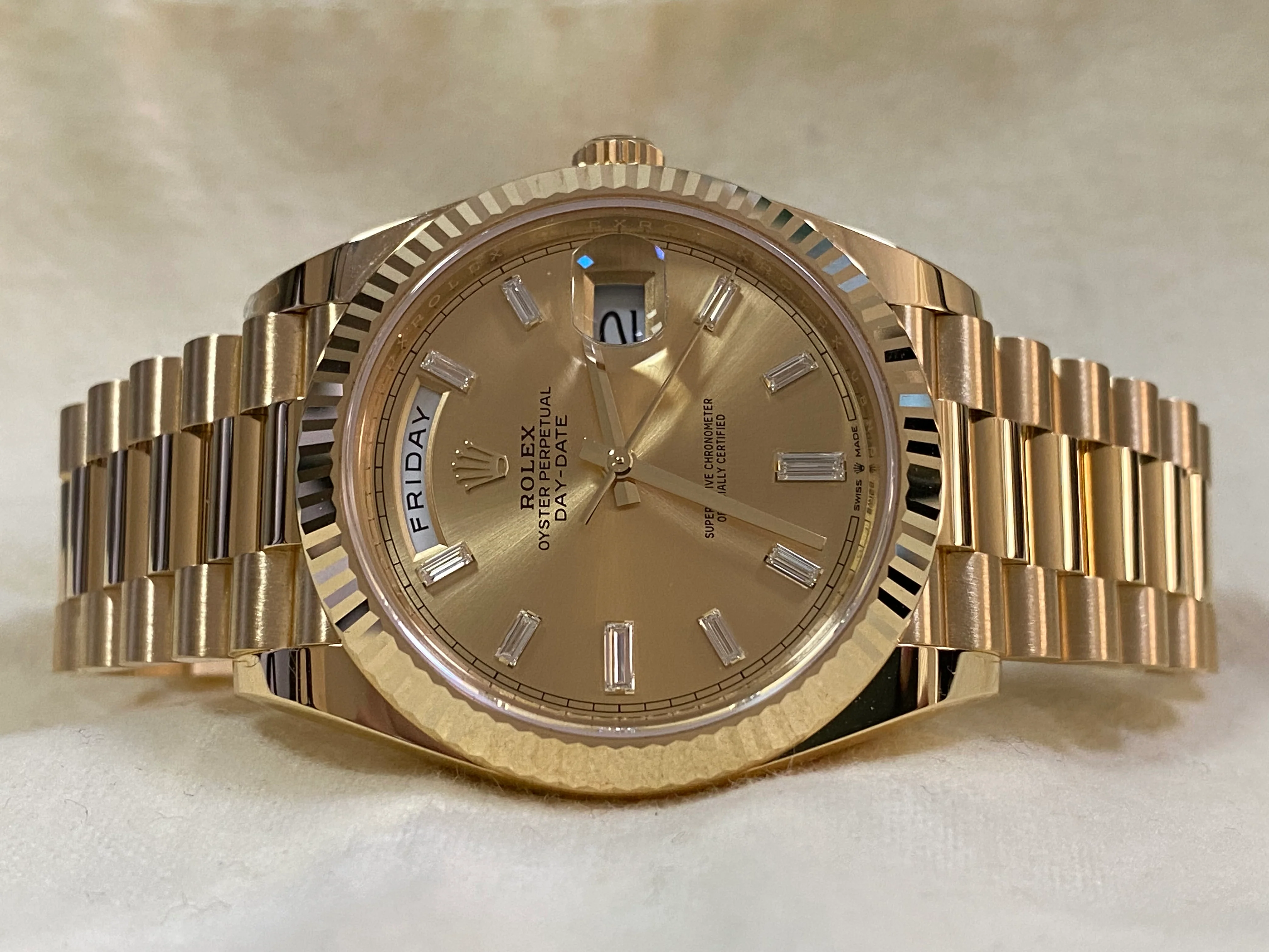Rolex Yellow Gold Day-Date 40 - 2023 - Fluted Bezel - Baguette Diamond Dial - President Bracelet - 228238