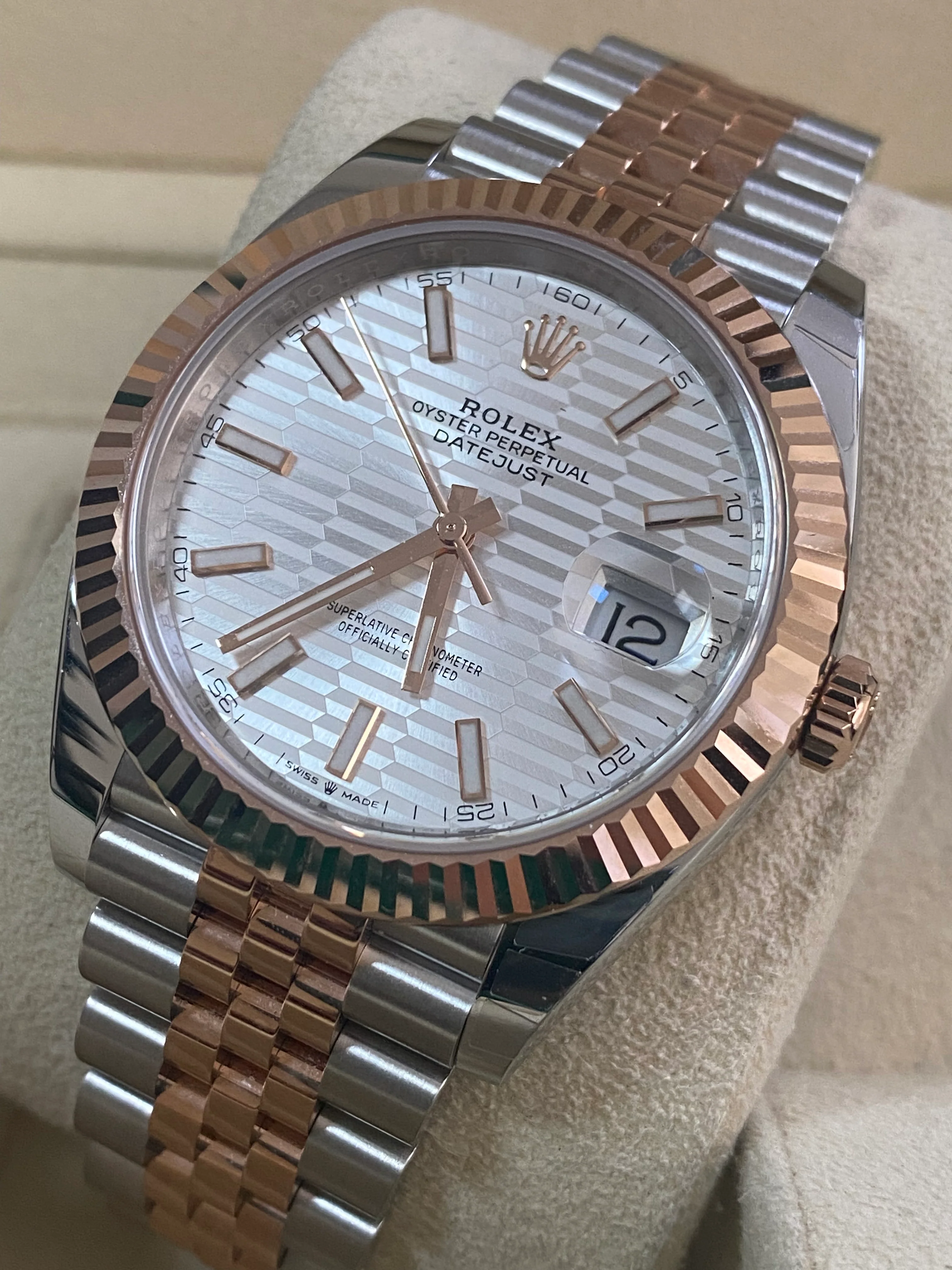 Rolex Steel and Everose Gold Datejust 41 - 2023 - Fluted Bezel - Silver Fluted-Motif Dial - Jubilee Bracelet - 126331 *PARTIAL STICKERS*