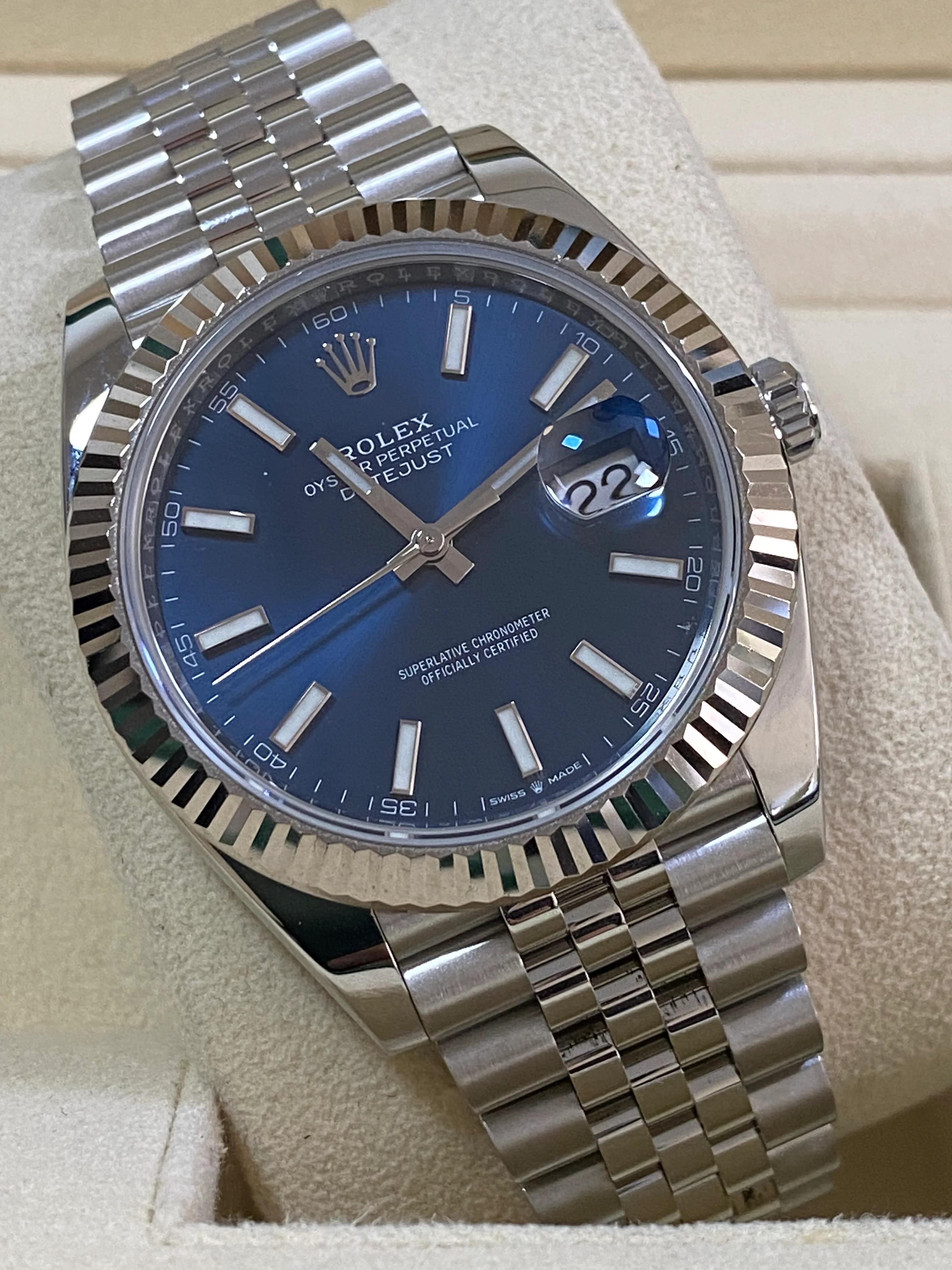 Rolex Steel and White Gold Datejust 41 - 2023 - Fluted Bezel - Blue Index Dial - Jubilee Bracelet - 126334