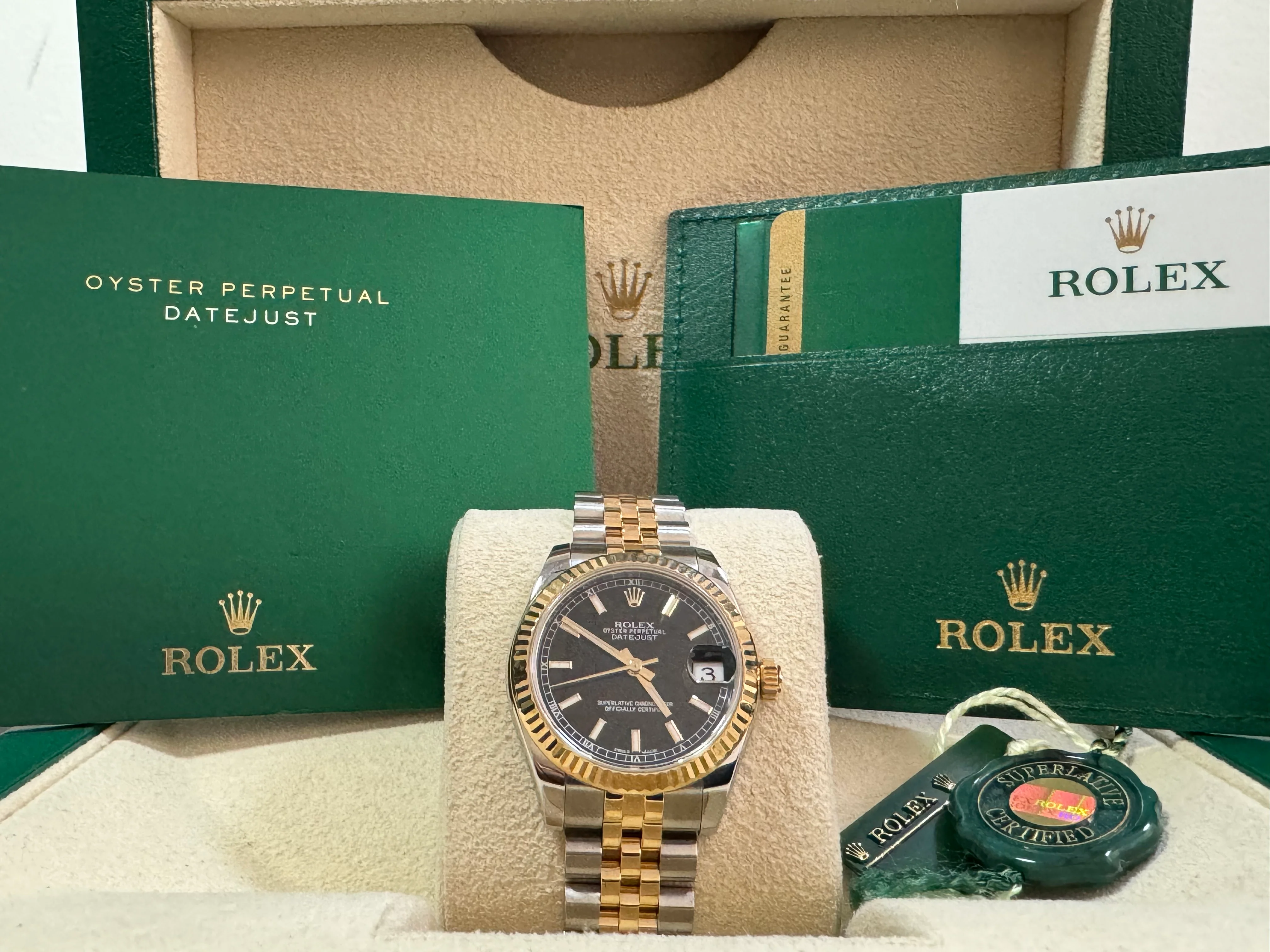 Rolex Steel and Yellow Gold Datejust 31 - 2016 - Fluted Bezel - Black Index Dial - Jubilee Bracelet - 178273 COMPLETE SET