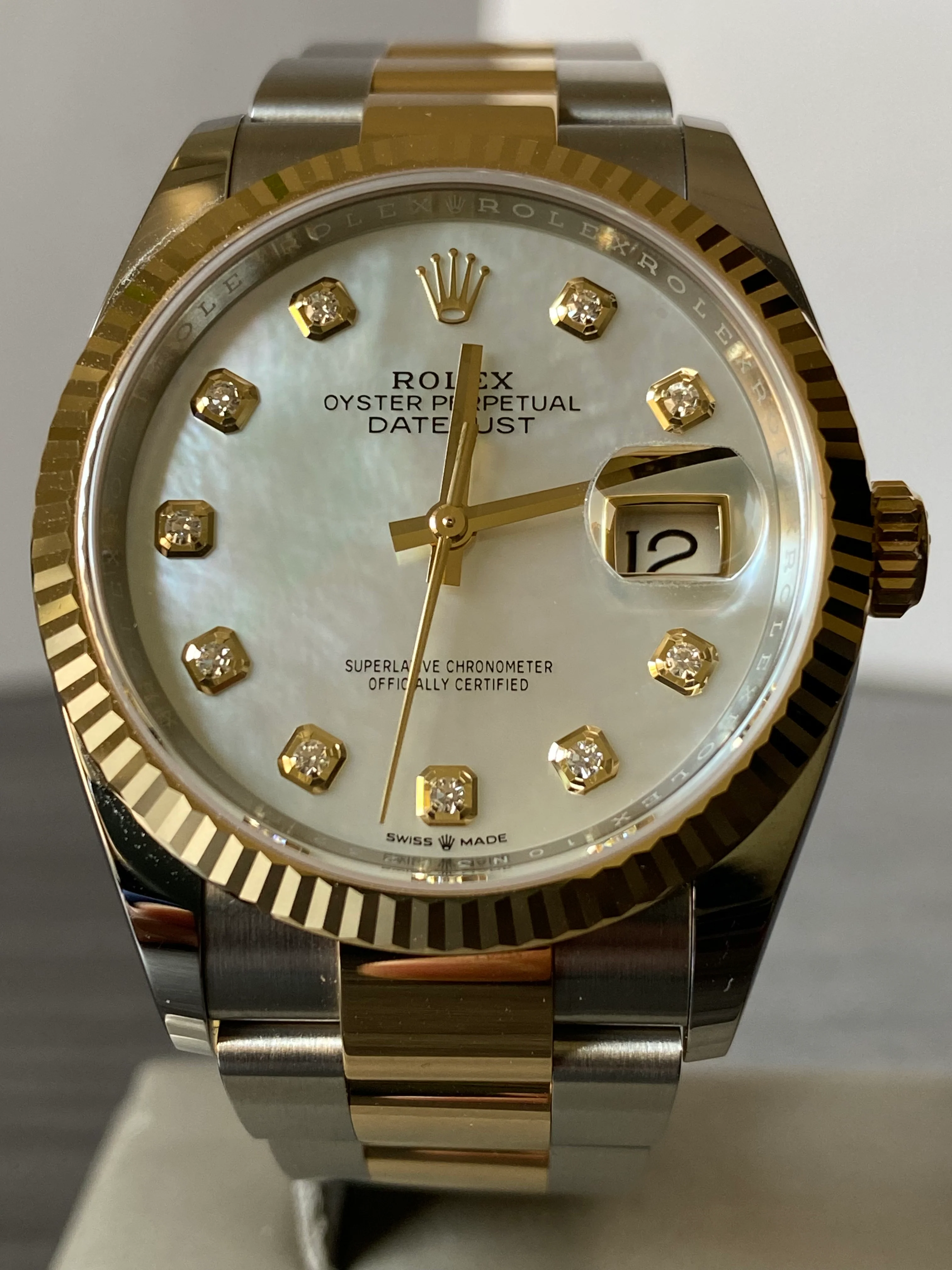 Rolex Yellow Gold Rolesor Datejust 36 - 2023 - White Mother-Of-Pearl Diamond Dial - Oyster Bracelet - 126233