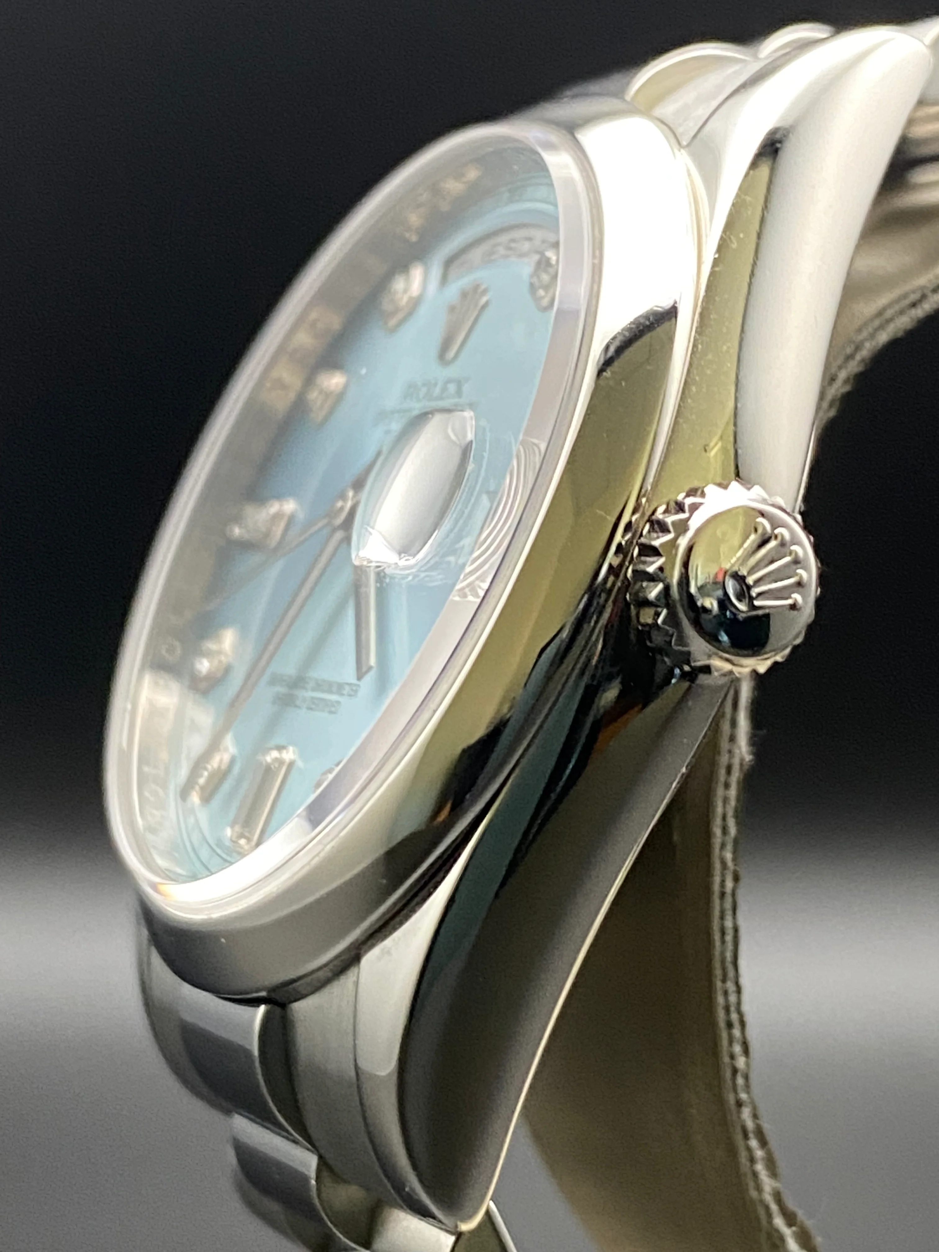 Rolex Platinum Day-Date 36 - M Serial - Domed Bezel - Ice Blue Diamond Dial - President Bracelet - 118206