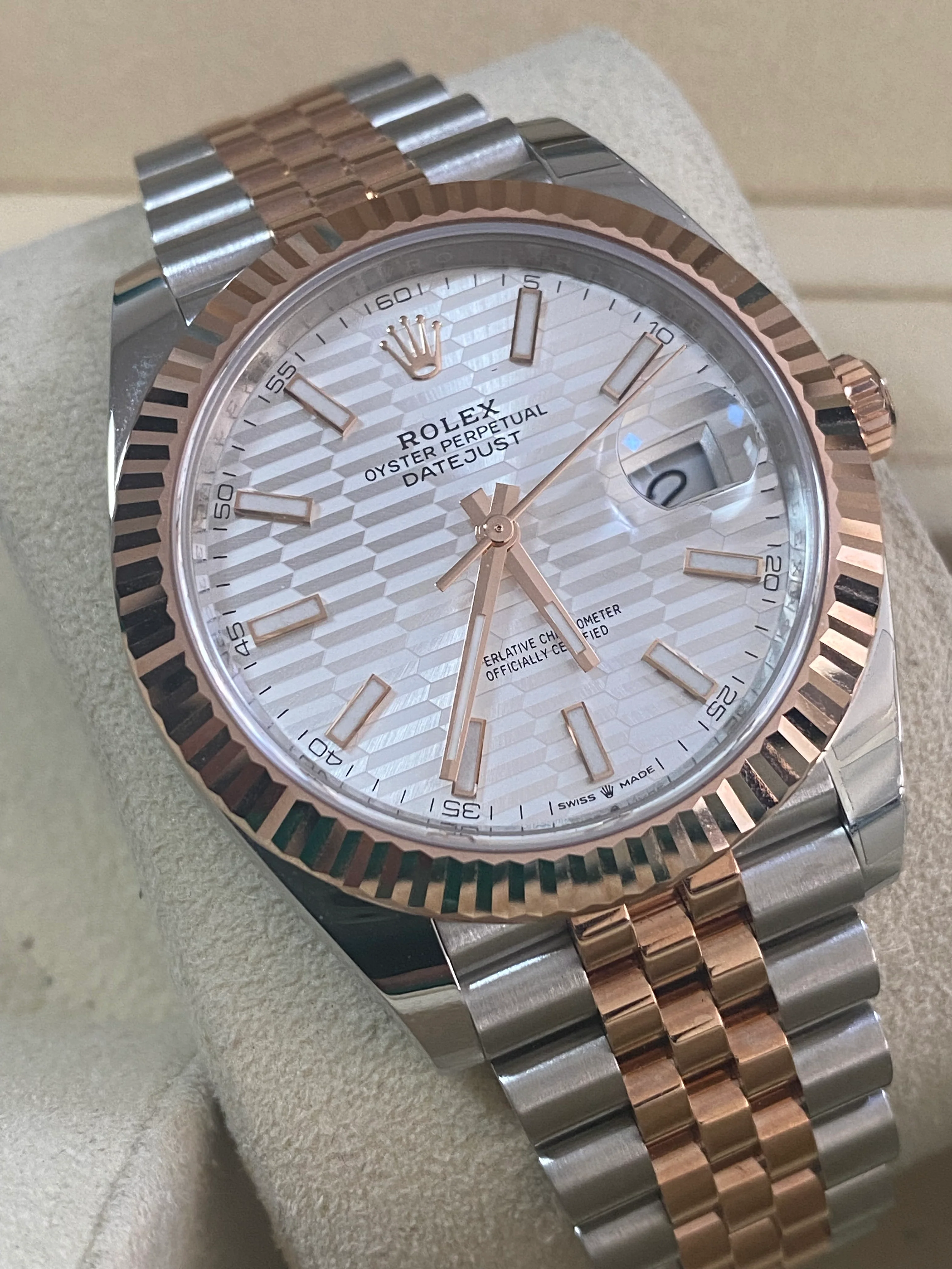 Rolex Steel and Everose Gold Datejust 41 - 2023 - Fluted Bezel - Silver Fluted-Motif Dial - Jubilee Bracelet - 126331 *PARTIAL STICKERS*