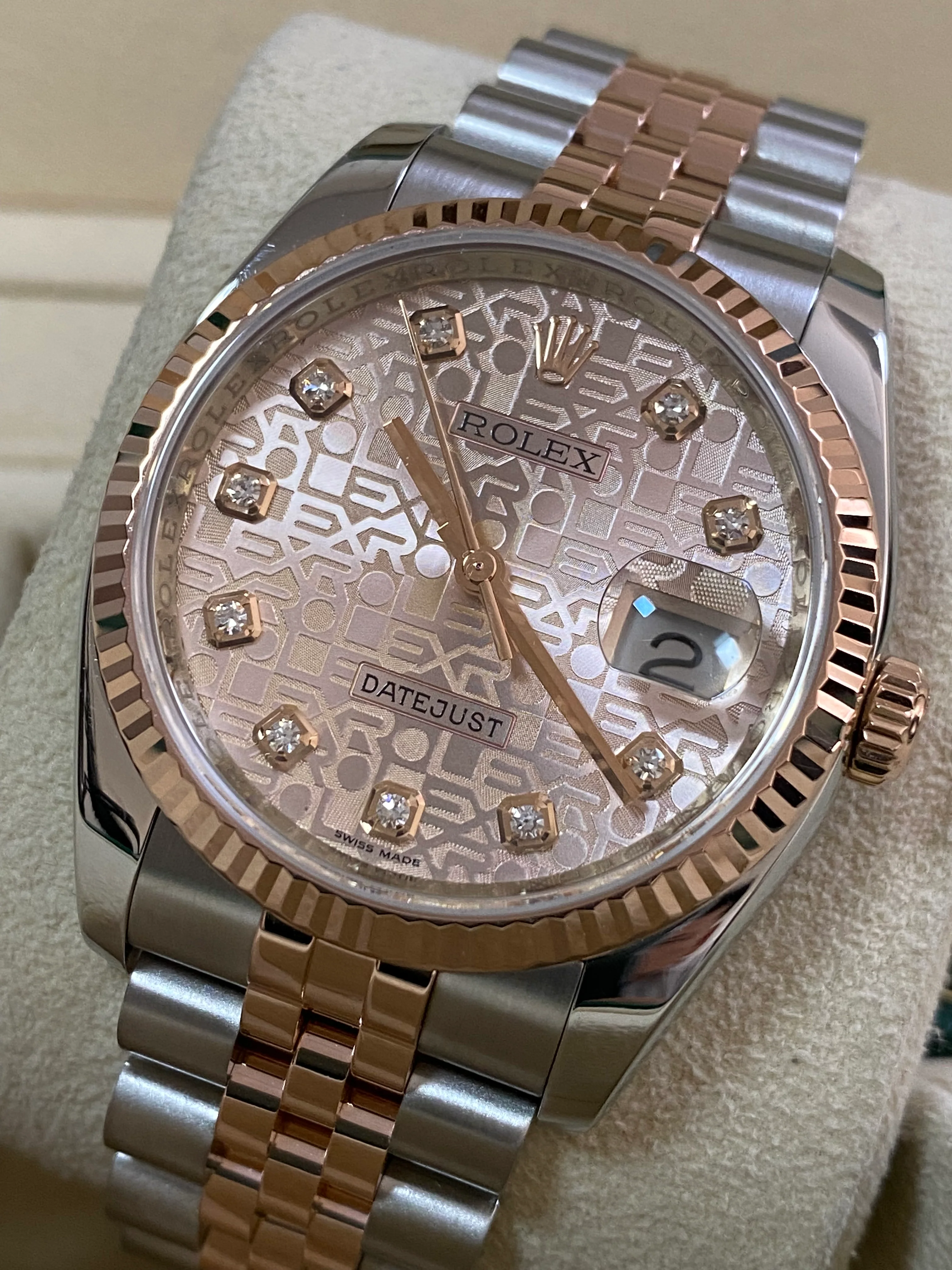 Rolex Steel and Everose Gold Datejust 36 - 2011 - Fluted Bezel - Anniversary Diamond Dial - Jubilee Bracelet - 116231 *FULL SET*