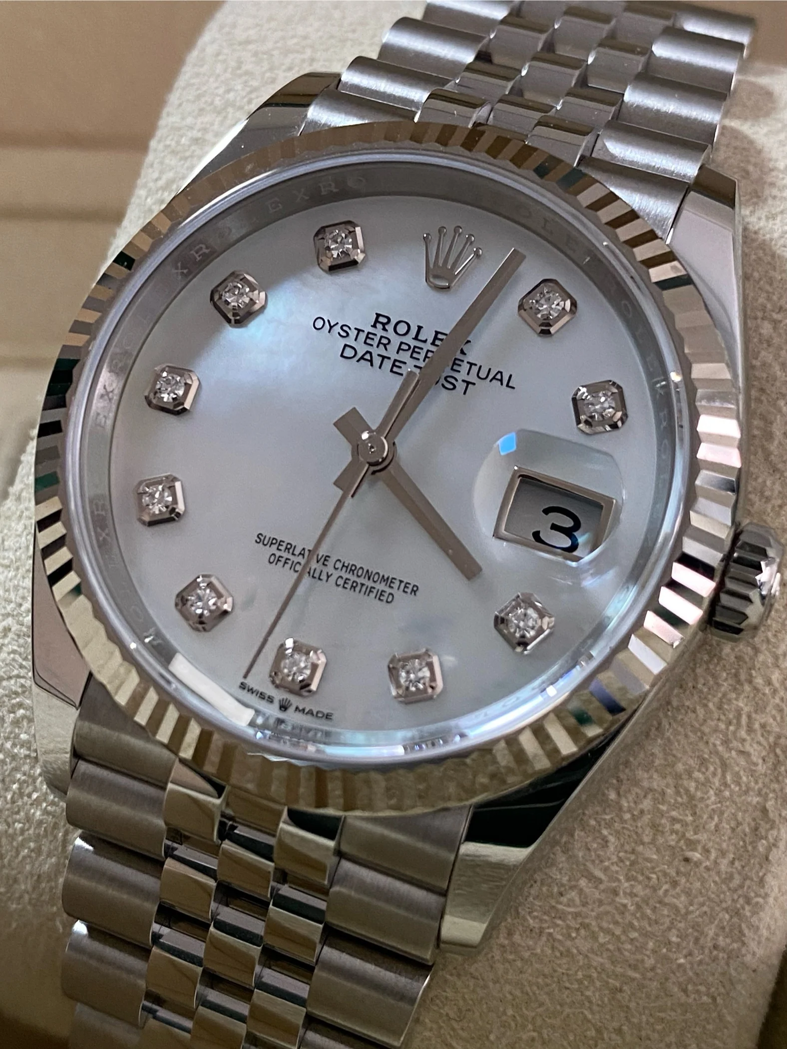 Rolex Steel Datejust 36 - 2024 - Fluted Bezel - Mother-of-Pearl Diamond Dial - Jubilee Bracelet - 126234 *FULL SET*
