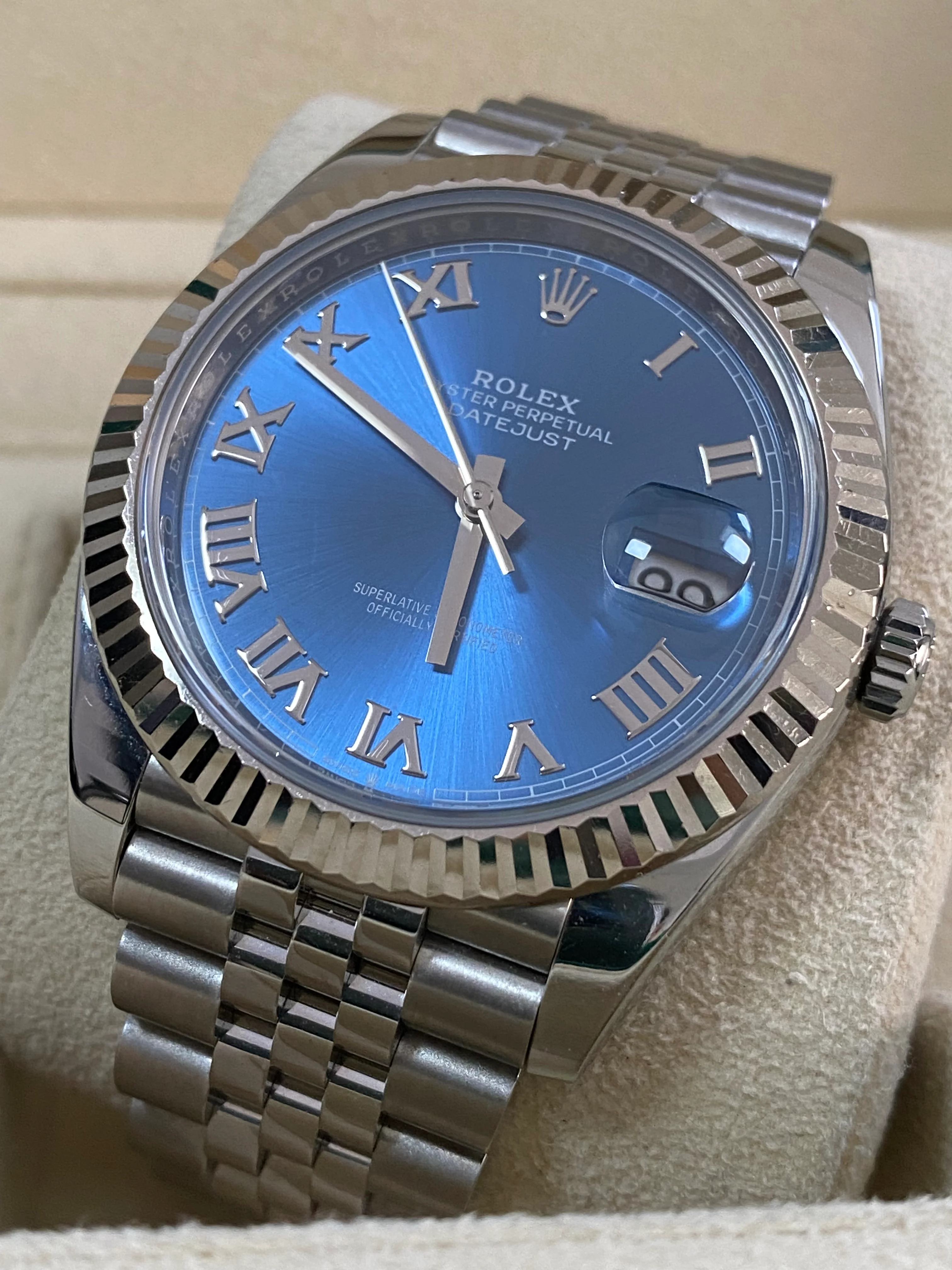Rolex Steel and White Gold Datejust 41 - Fluted Bezel - Bright Blue Roman Dial - Jubilee Bracelet - 126334