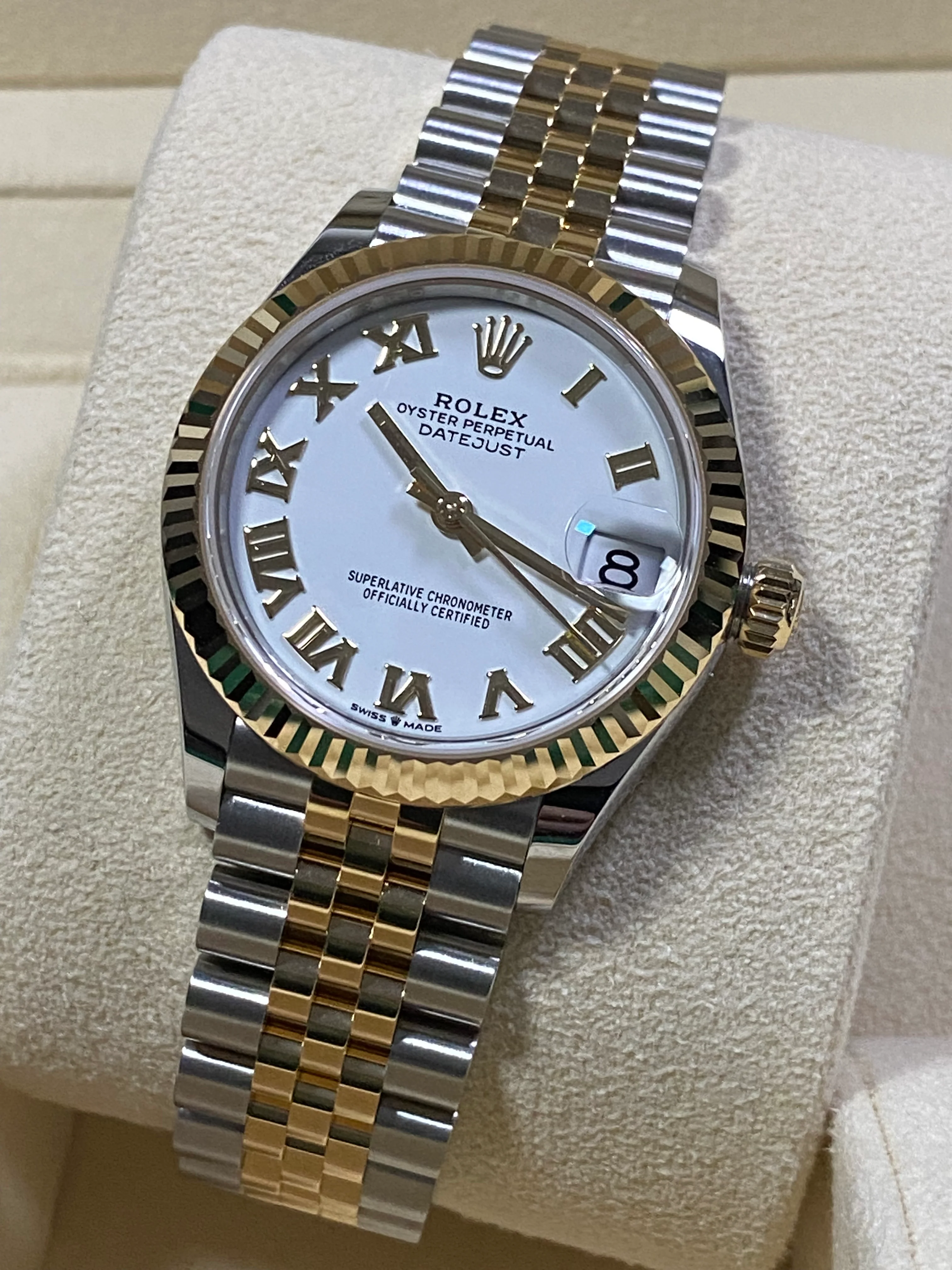 Rolex Steel and Yellow Gold Datejust 31 - 2023 - Fluted Bezel - White Roman Dial - Jubilee Bracelet - 278273