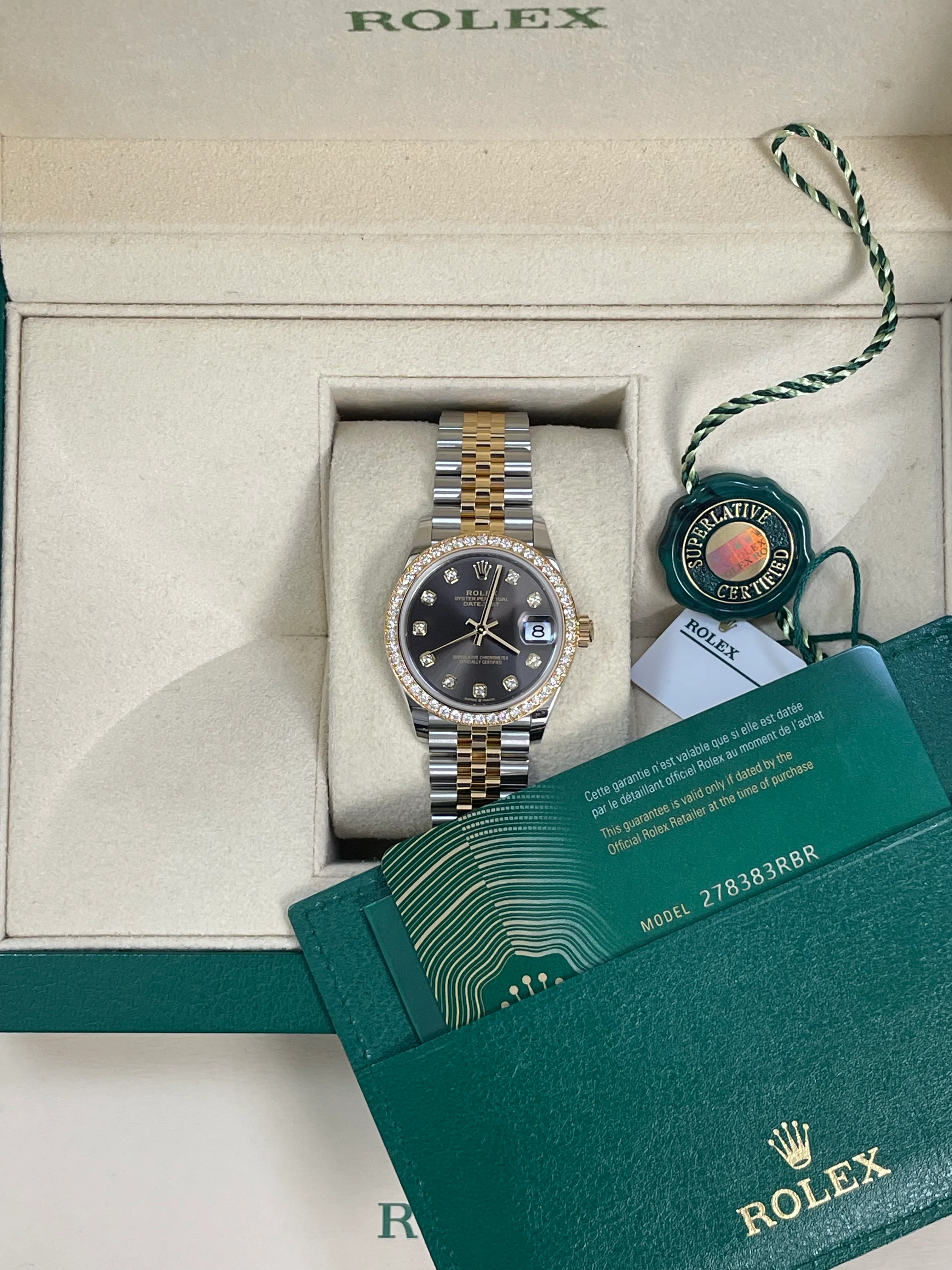 Rolex Steel and Yellow Gold Datejust 31 - 2023 - Diamond Bezel - Dark Grey Diamond Dial - Jubilee Bracelet - 278383RBR