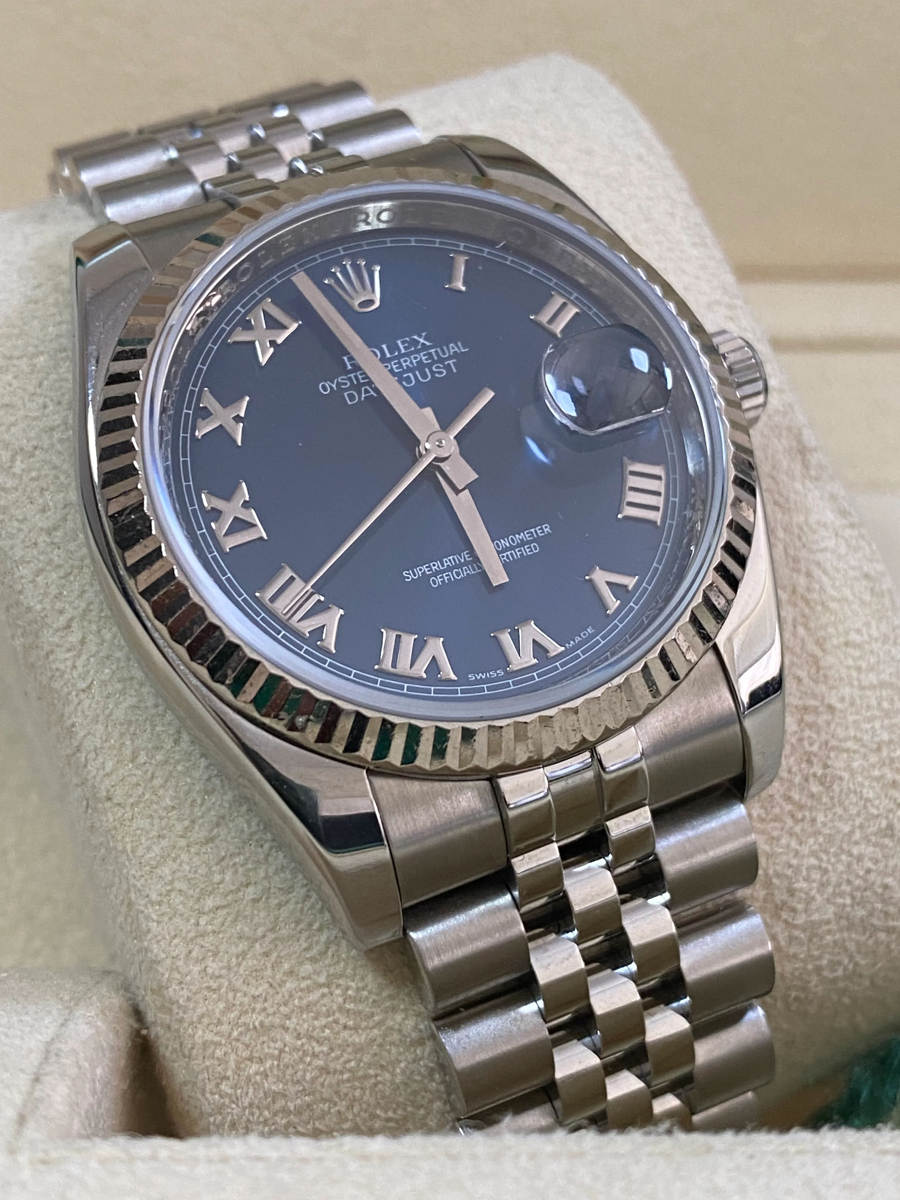 Rolex Steel Datejust 36 - 2007 - Fluted Bezel - Blue Roman Dial - Jubilee Bracelet - 116234