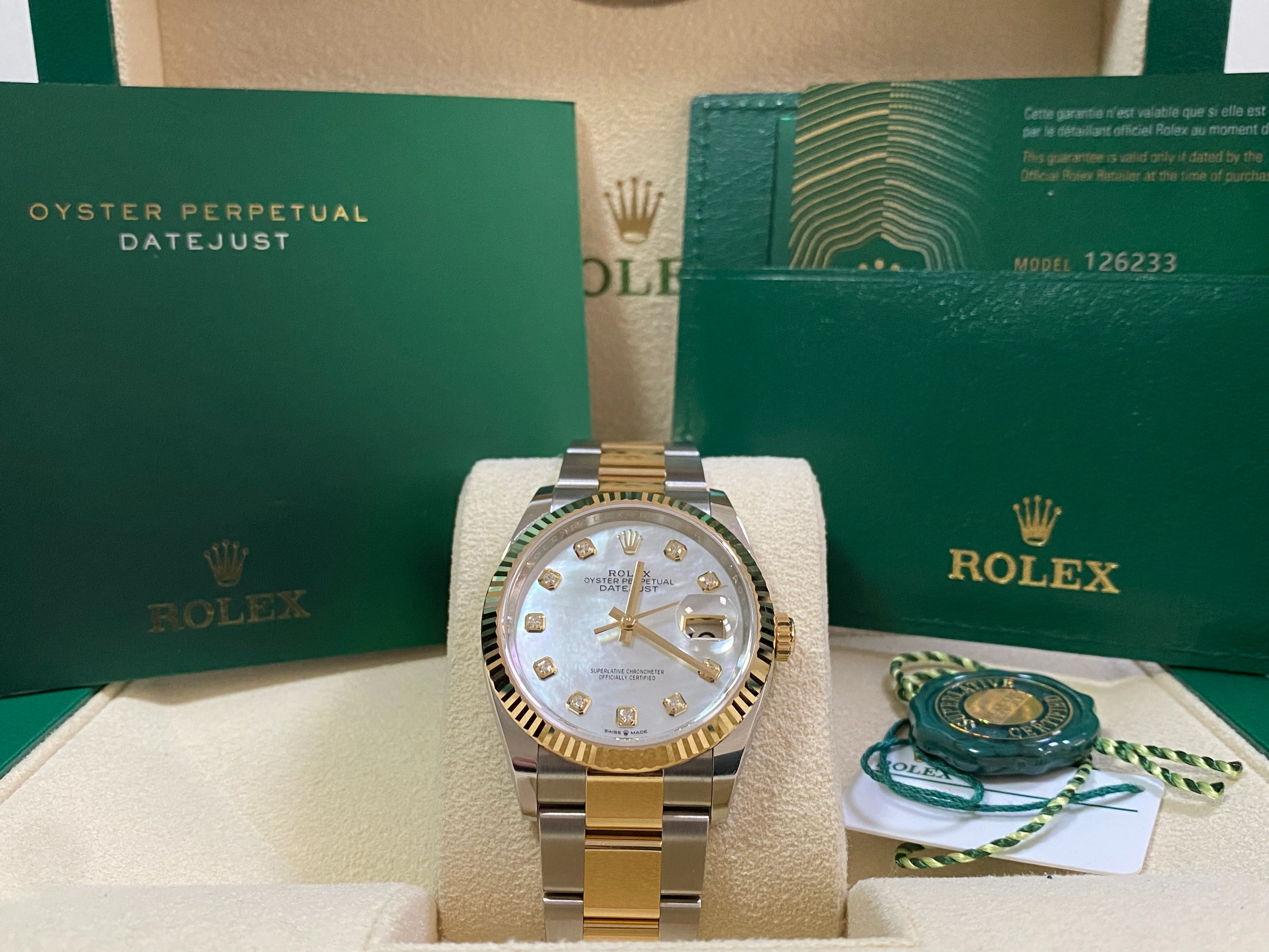 Rolex Yellow Gold Rolesor Datejust 36 - 2023 - White Mother-Of-Pearl Diamond Dial - Oyster Bracelet - 126233