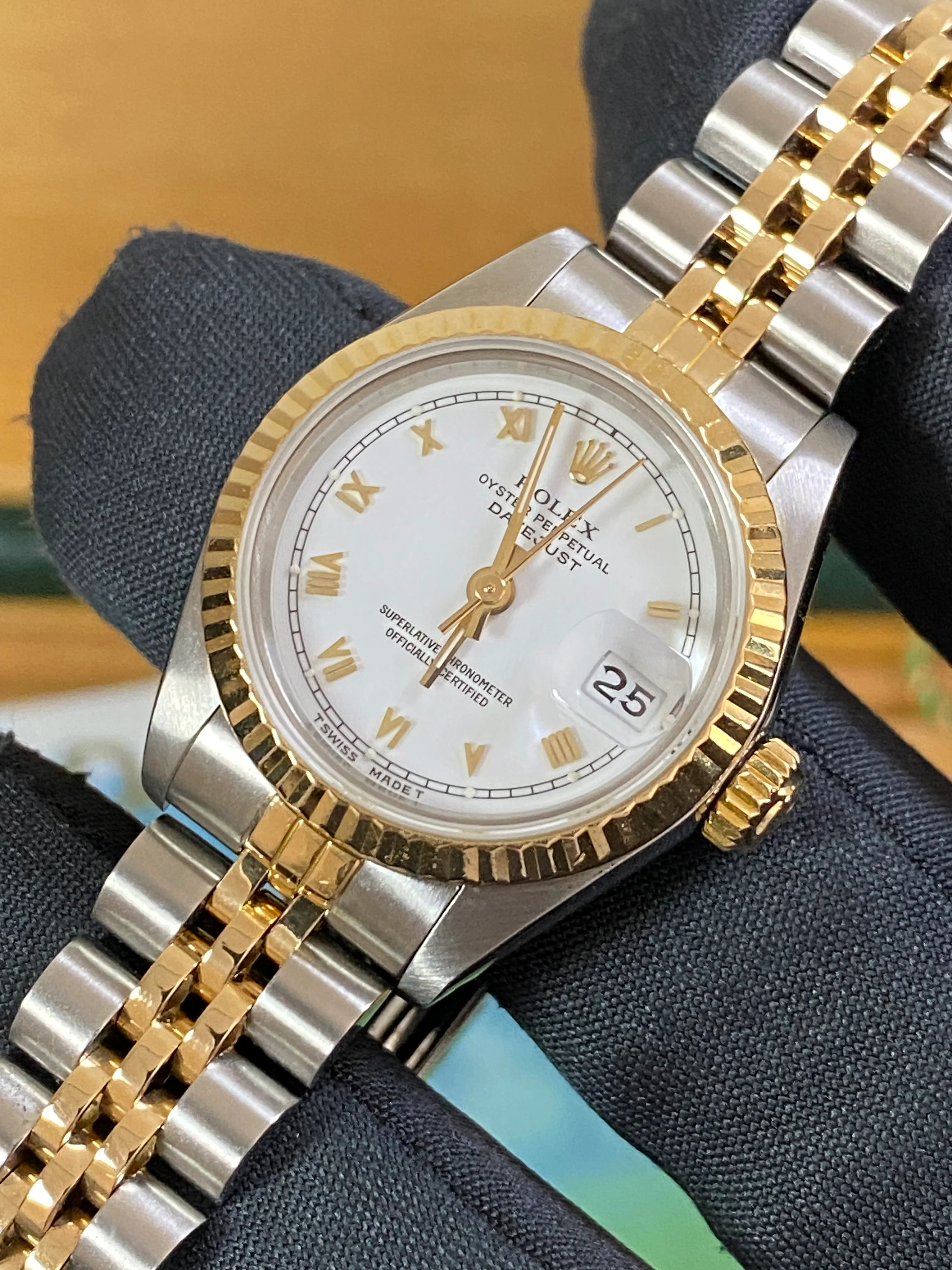Rolex Steel and Yellow Gold Lady-Datejust - Fluted Bezel - White Roman Dial - Jubilee Bracelet - 69173