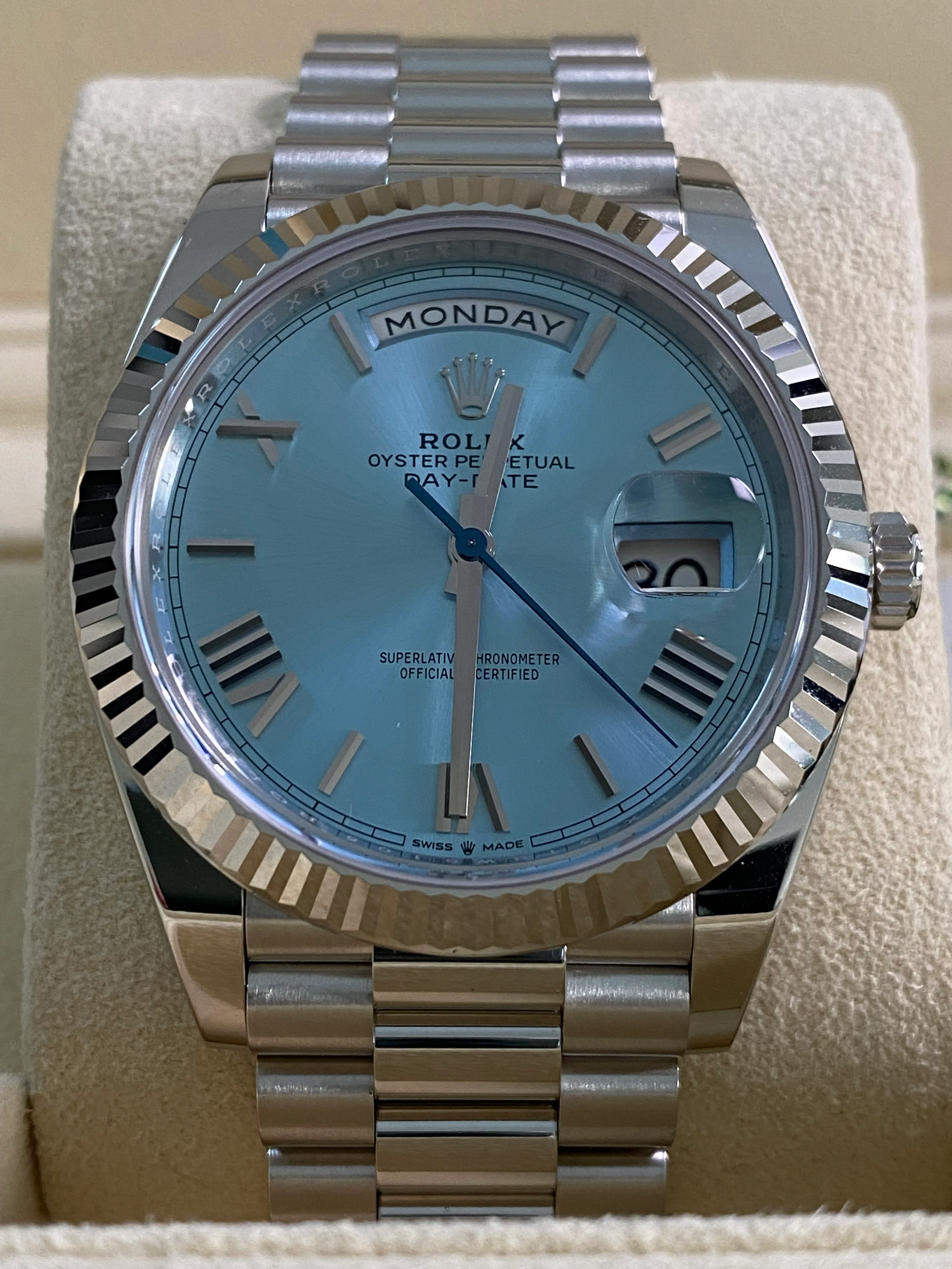 Rolex Platinum Day-Date 40 -  2024 - Fluted Bezel - Ice Blue Roman Dial - President Bracelet - 228236 *FULL SET*