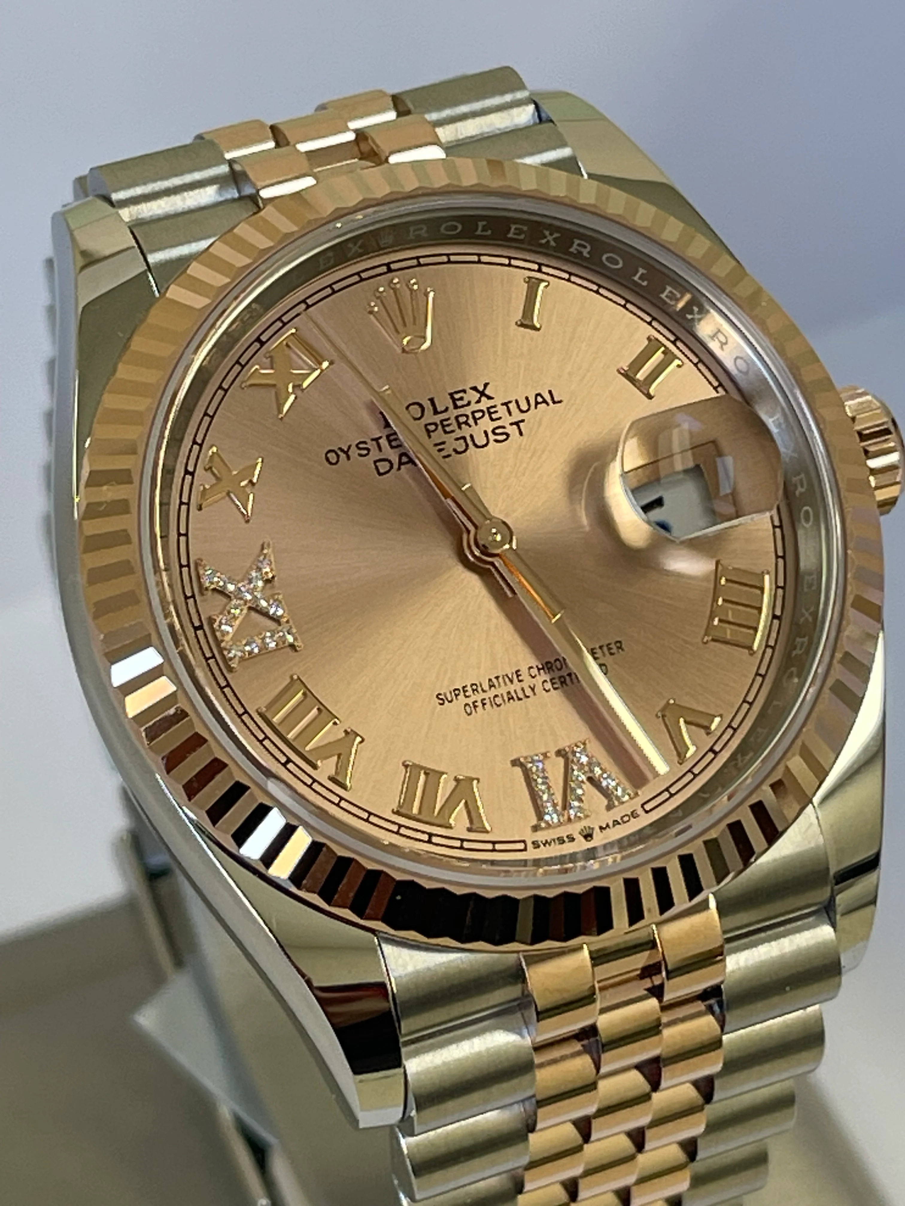 Rolex Steel and Everose Gold Datejust 36 - 2022 - Fluted Bezel - Rose Colour Diamond Set Dial - Jubilee Bracelet - 126231