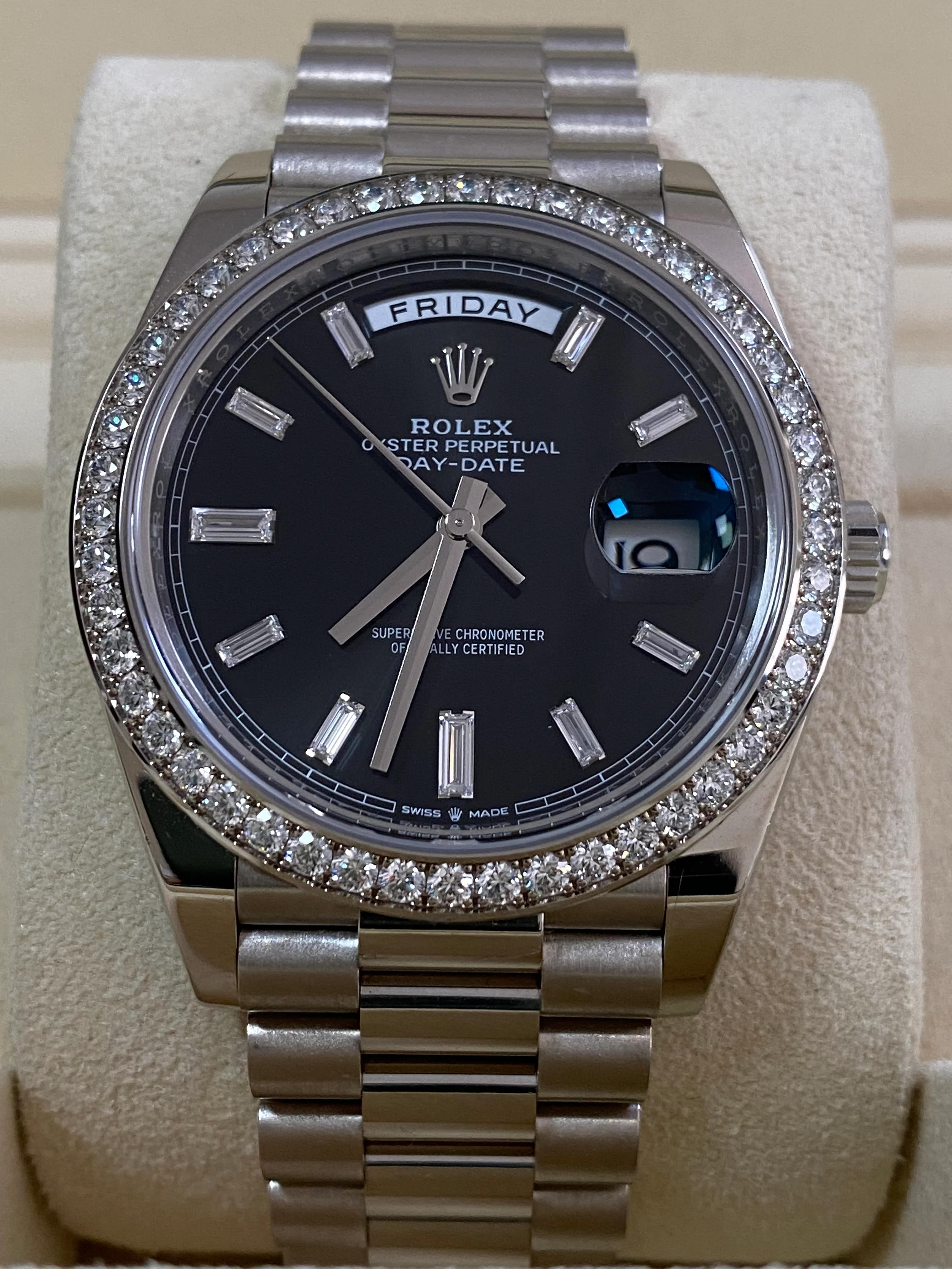 Rolex White Gold Day-Date 40 - 2023 - Diamond-Set Bezel - Black Baguette Dial - President Bracelet - 228349RBR