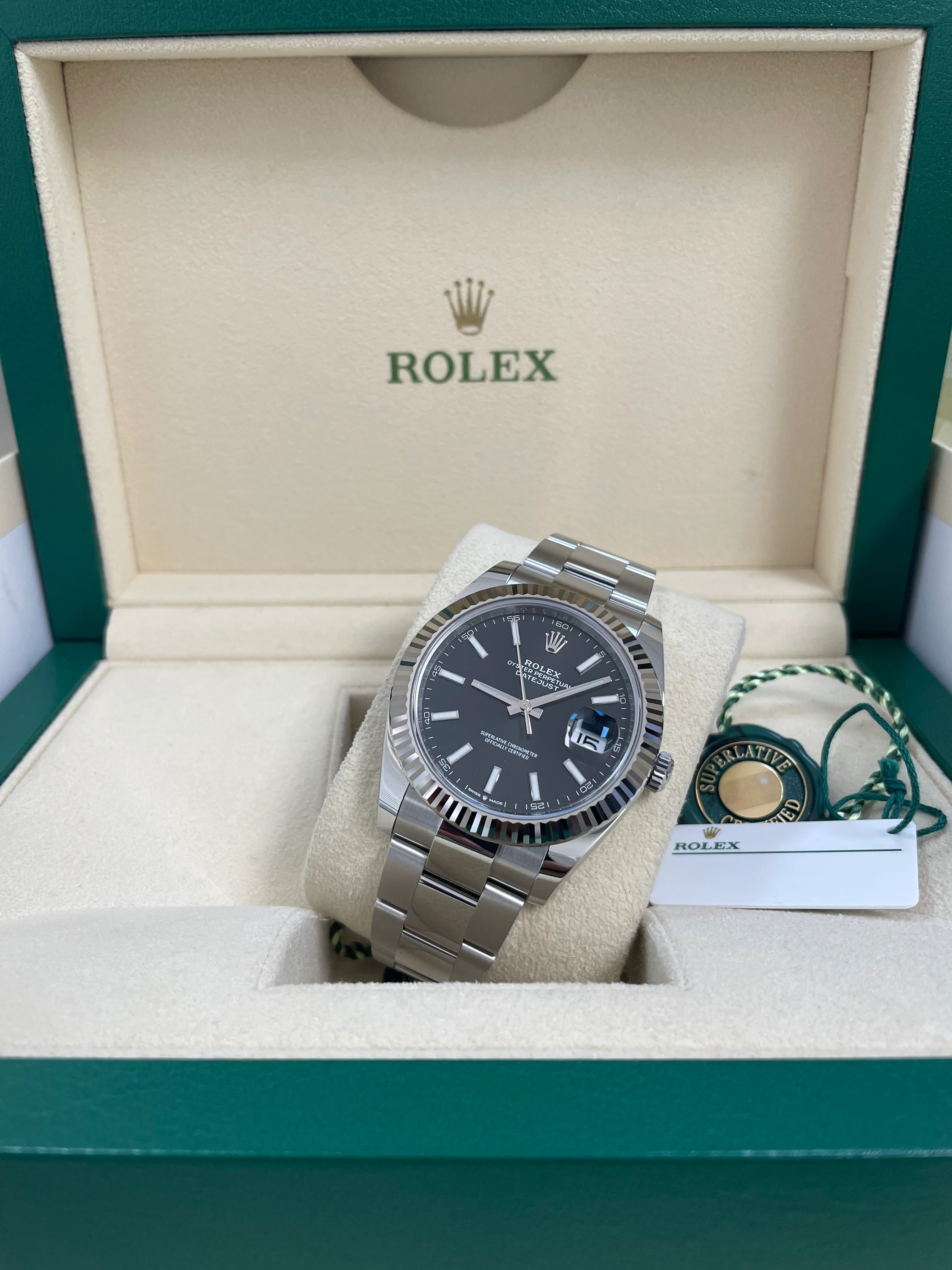 Rolex Steel and White Gold Datejust 41 - 2023 - Fluted Bezel - Black Index Dial - Oyster Bracelet - 126334