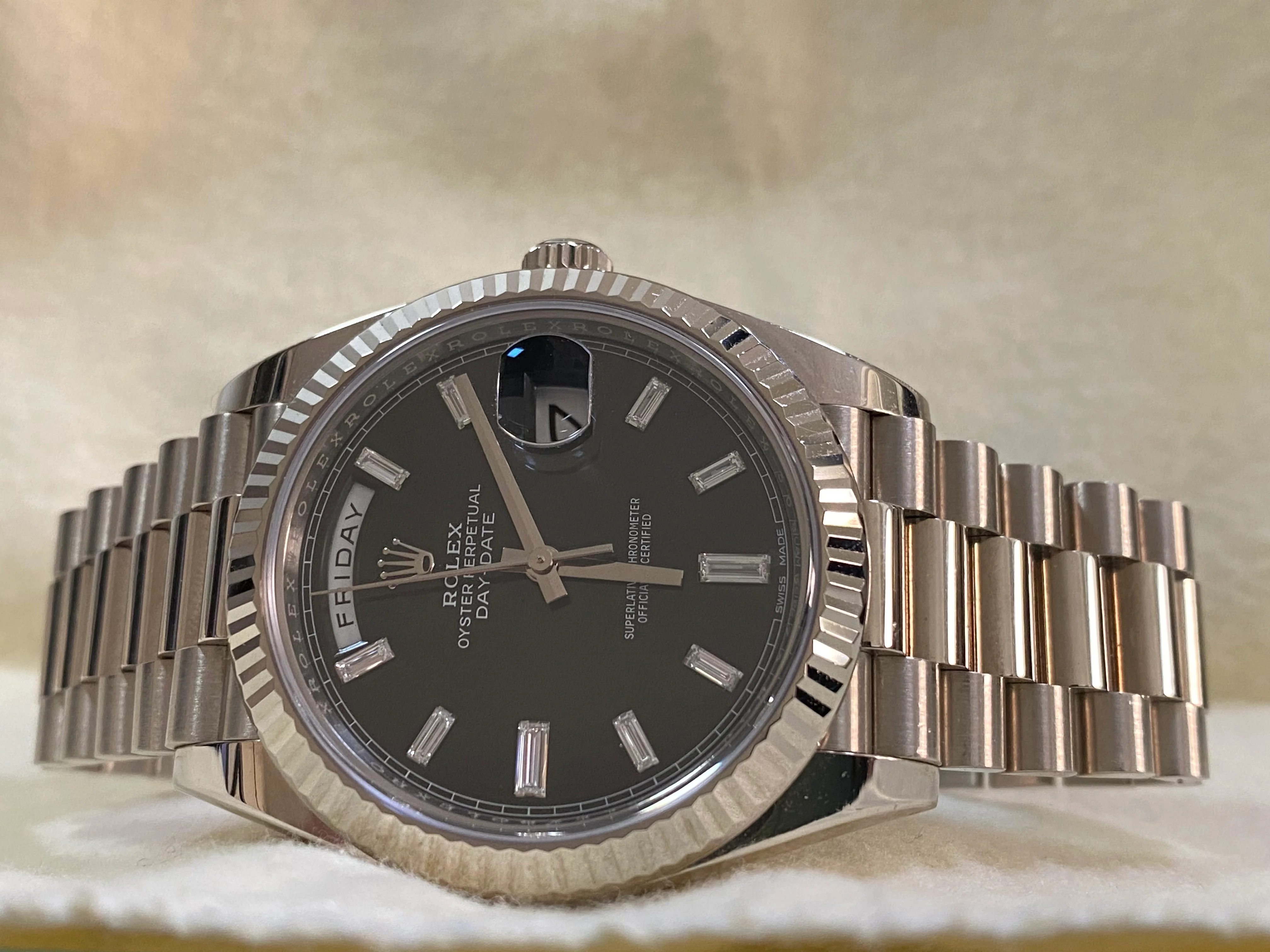 Rolex White Gold Day-Date 40 - 2021 - Fluted Bezel - Black Baguette Diamond Dial - President Bracelet - 228239