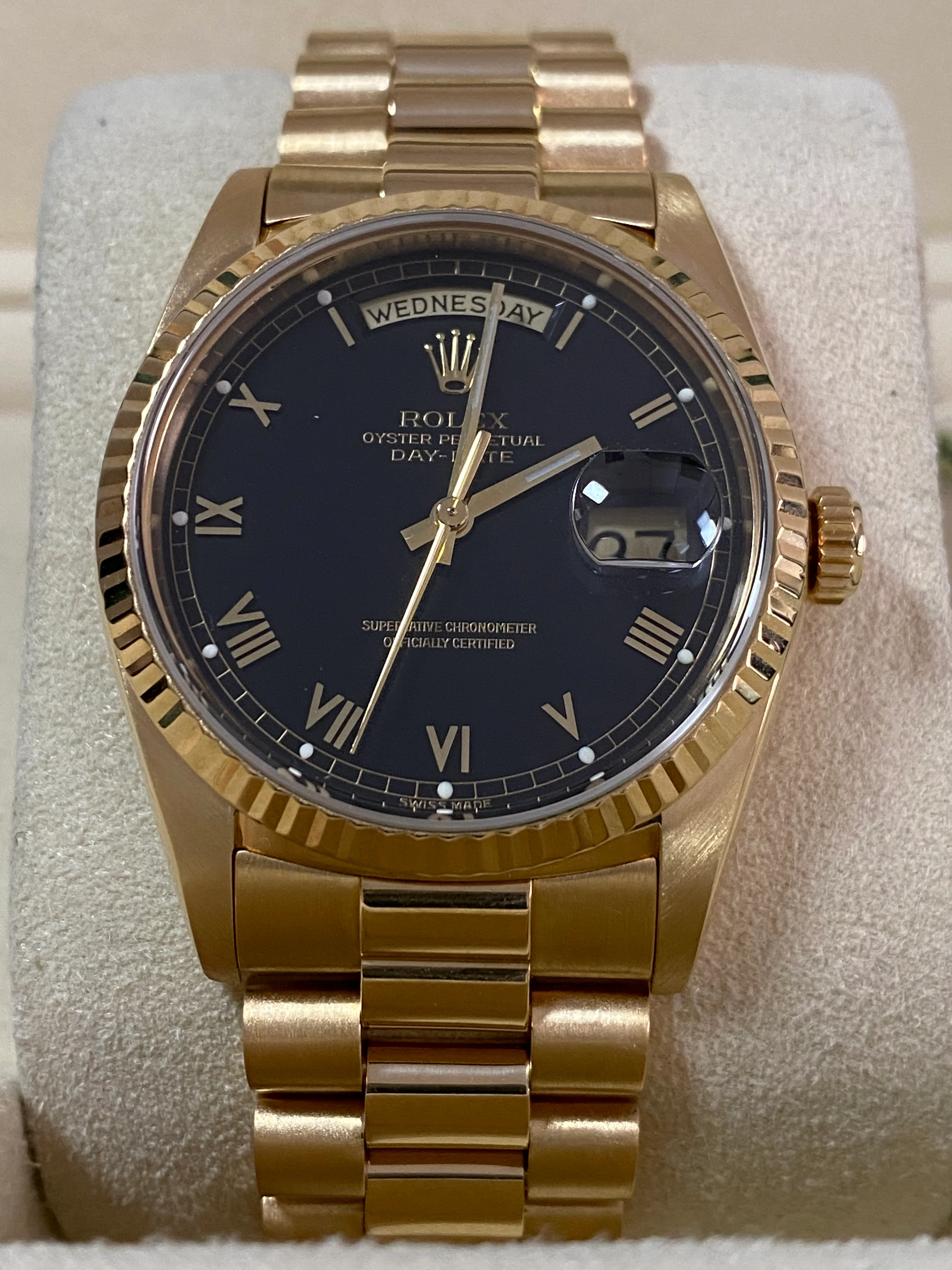 Rolex Yellow Gold Day-Date 36 - E serial - Fluted Bezel - Black Roman Dial - Double Quickset - President Bracelet - 18238