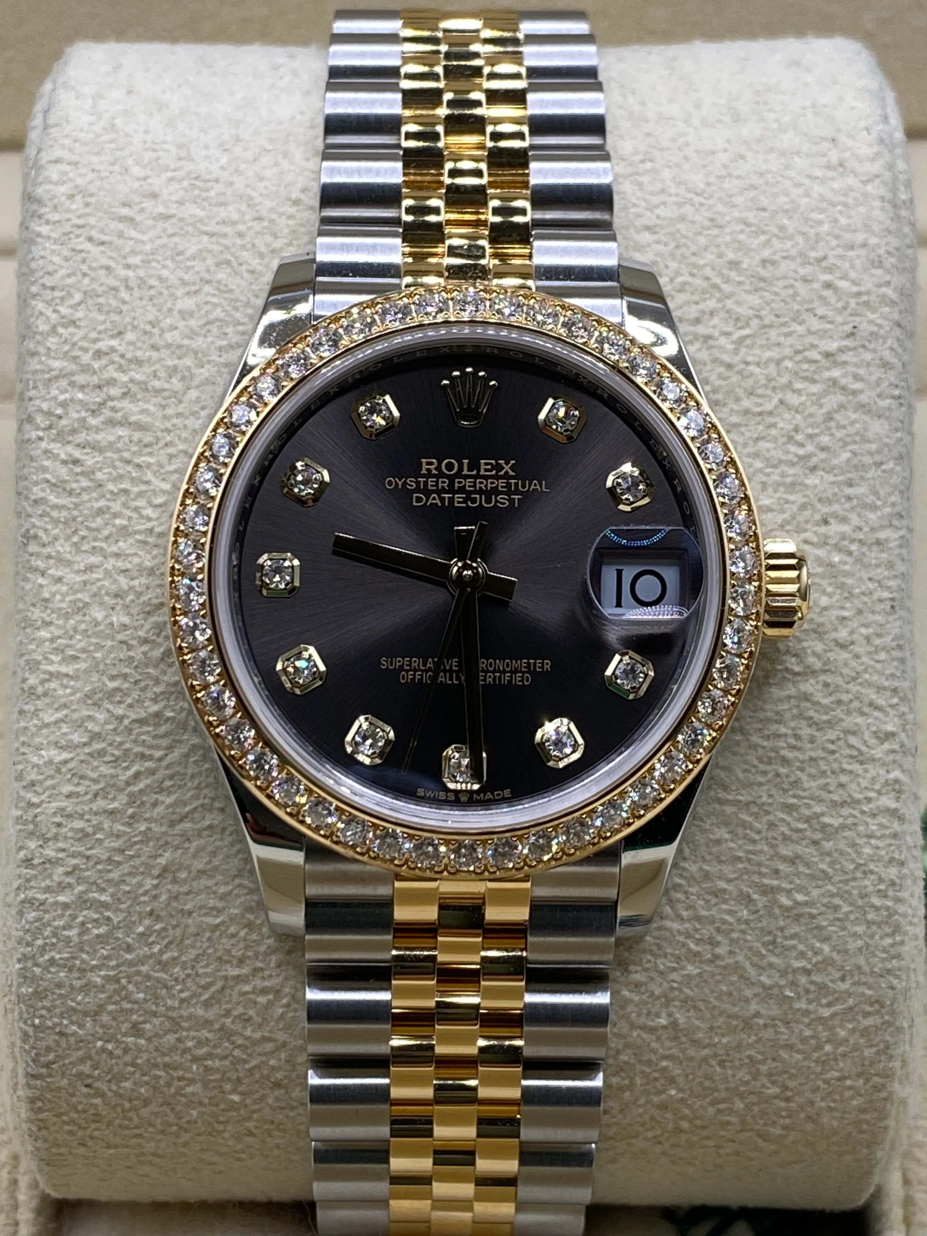 Rolex Steel and Yellow Gold Datejust 31 - 2023 - Diamond Bezel - Dark Grey Diamond Dial - Jubilee Bracelet - 278383RBR