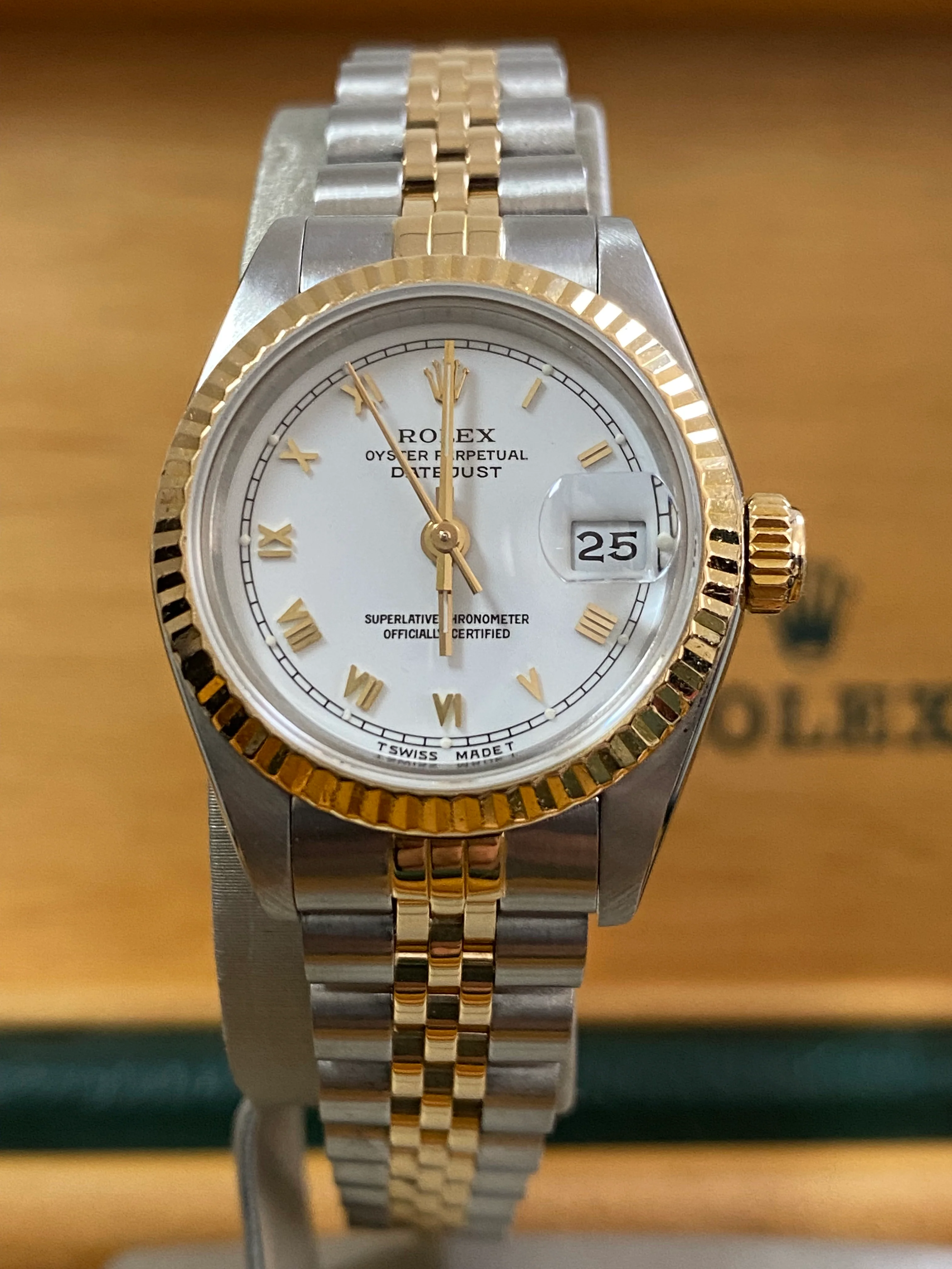 Rolex Steel and Yellow Gold Lady-Datejust - Fluted Bezel - White Roman Dial - Jubilee Bracelet - 69173