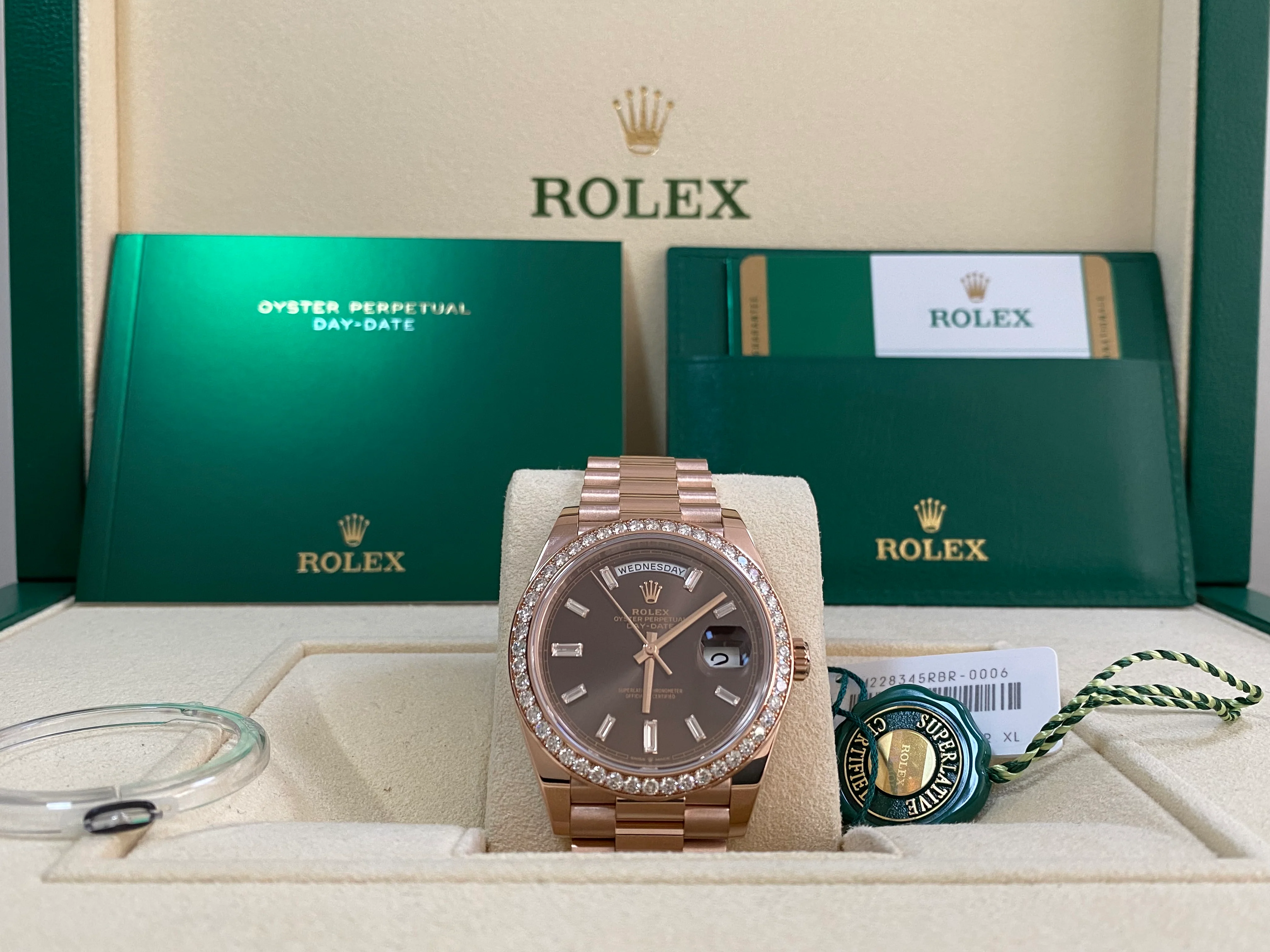 Rolex Everose Gold Day-Date 40 - 2018 - Diamond-Set Bezel - Chocolate Baguette Dial - President Bracelet - 228345RBR *FULL SET*