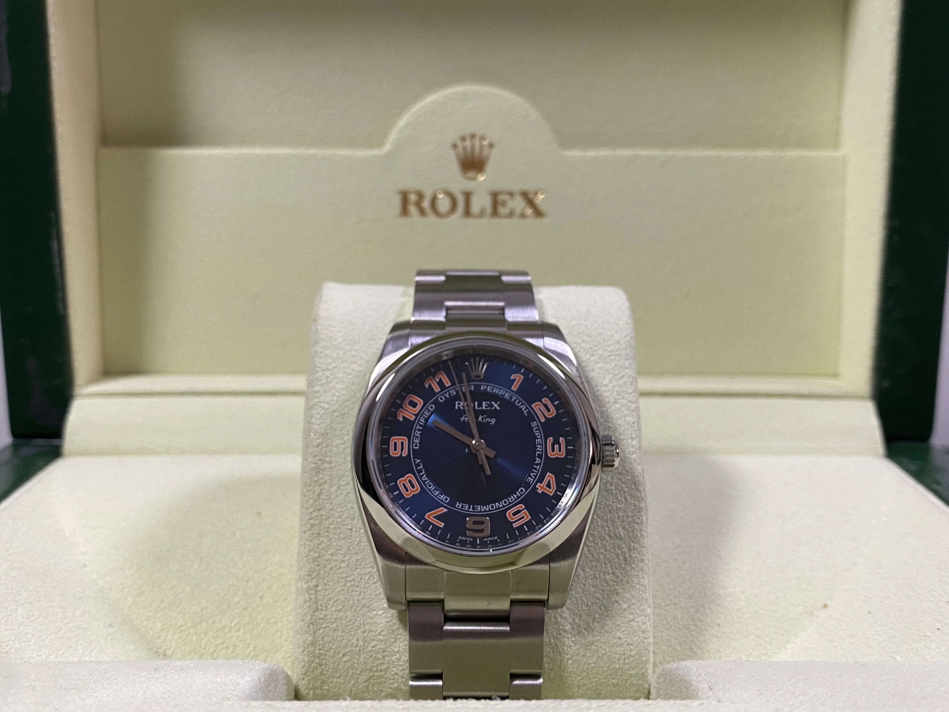 Rolex Air-King  - Domed Bezel - M Serial - Blue Dial - Orange Arabic Numerals - 114200