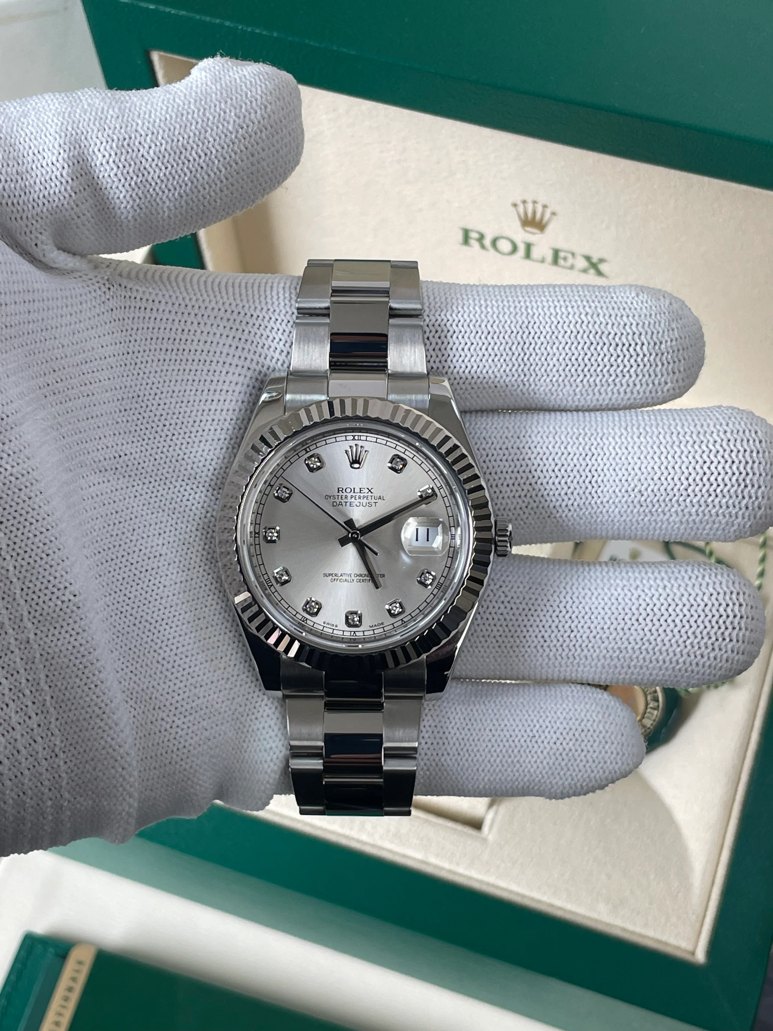 Rolex Steel Datejust II - 2010 - Fluted Bezel - Silver Diamond Dial - Oyster Bracelet - 116334