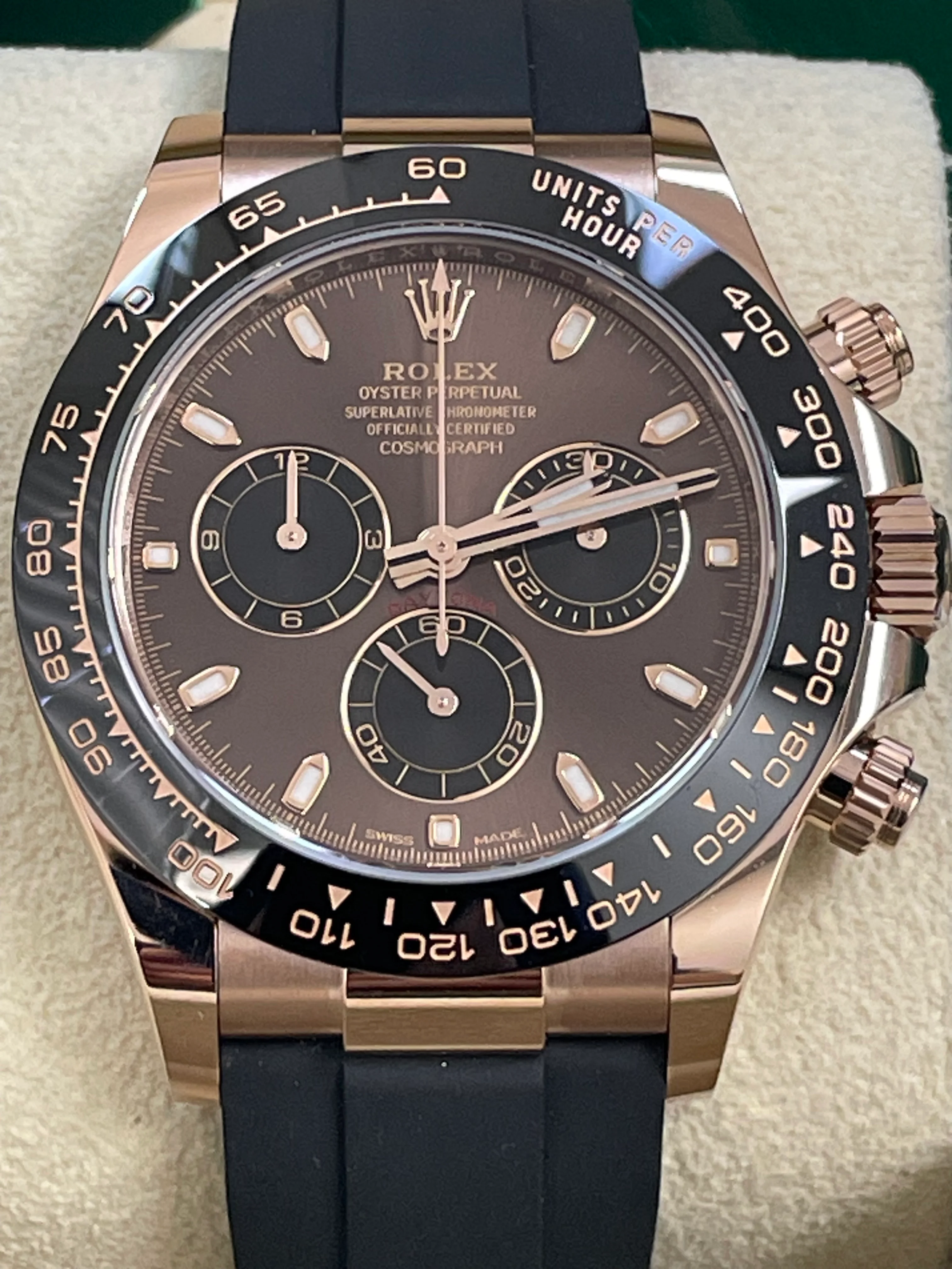 Rolex Everose Gold Cosmograph Daytona - 2023 - Chocolate Index Dial - Black Oysterflex Strap - 116515LN