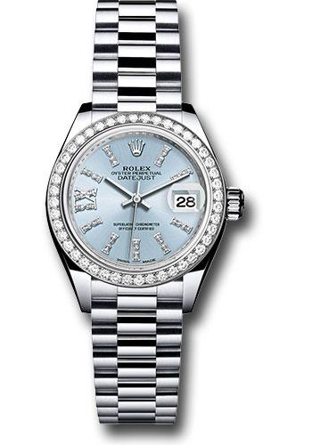 Rolex Platinum Lady-Datejust 28 - 2018 - 44 Diamond Bezel - Ice Blue Diamond Dial - President Bracelet - 279136RBR