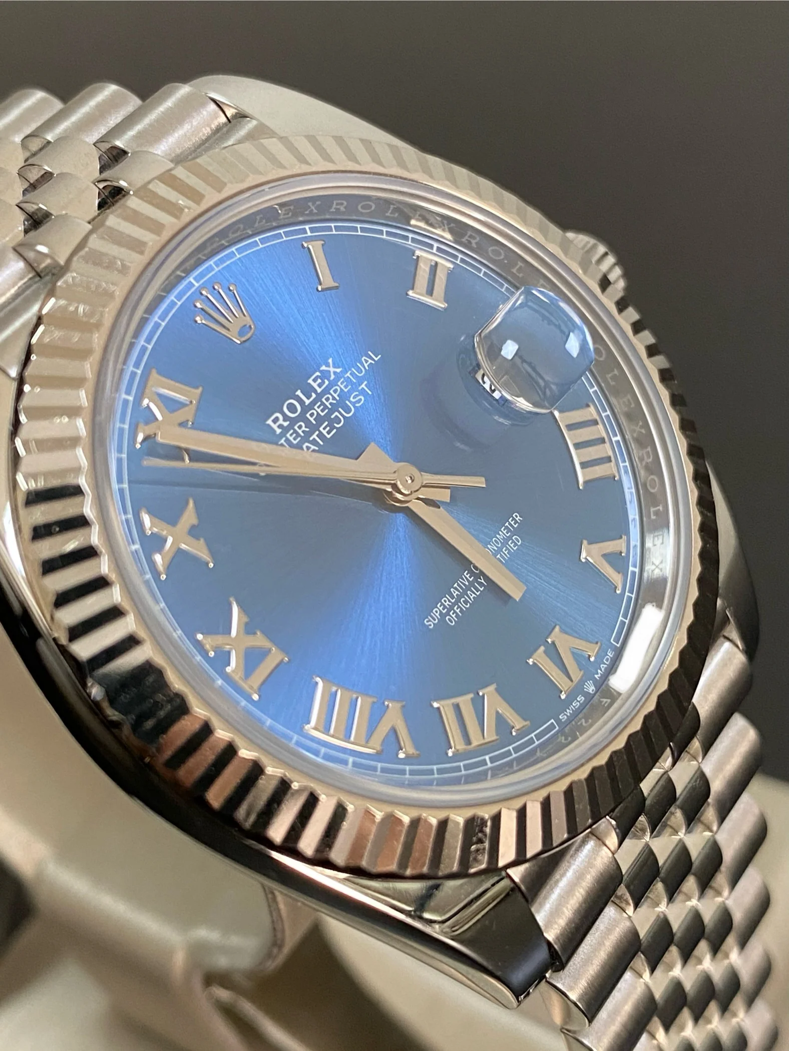 Rolex Steel and White Gold Datejust 41 - Fluted Bezel - Bright Blue Roman Dial - Jubilee Bracelet - 126334