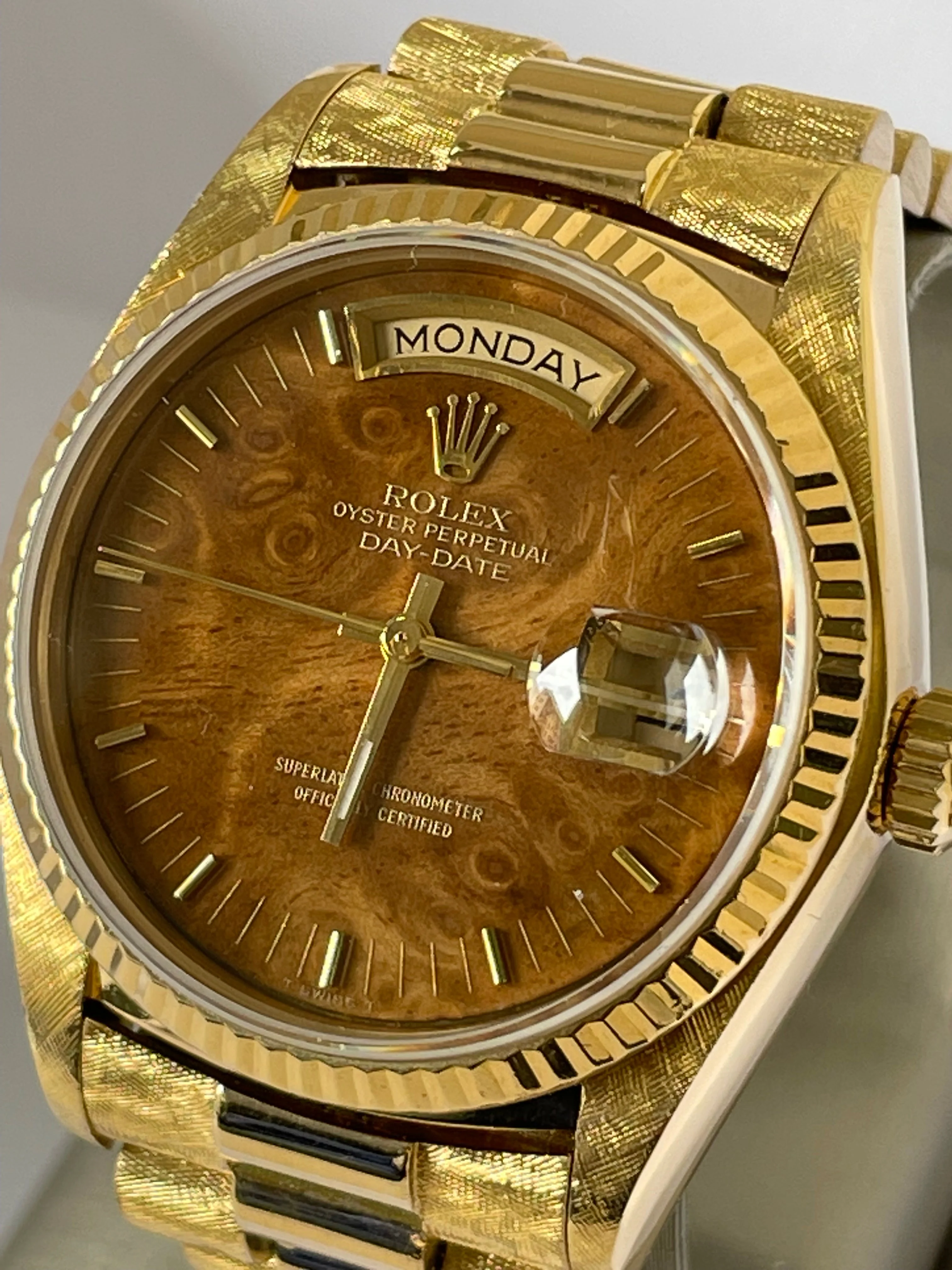 Rolex Yellow Gold Day-Date 36 - Fluted Bezel - Factory Wood Dial - President Bracelet - 18038