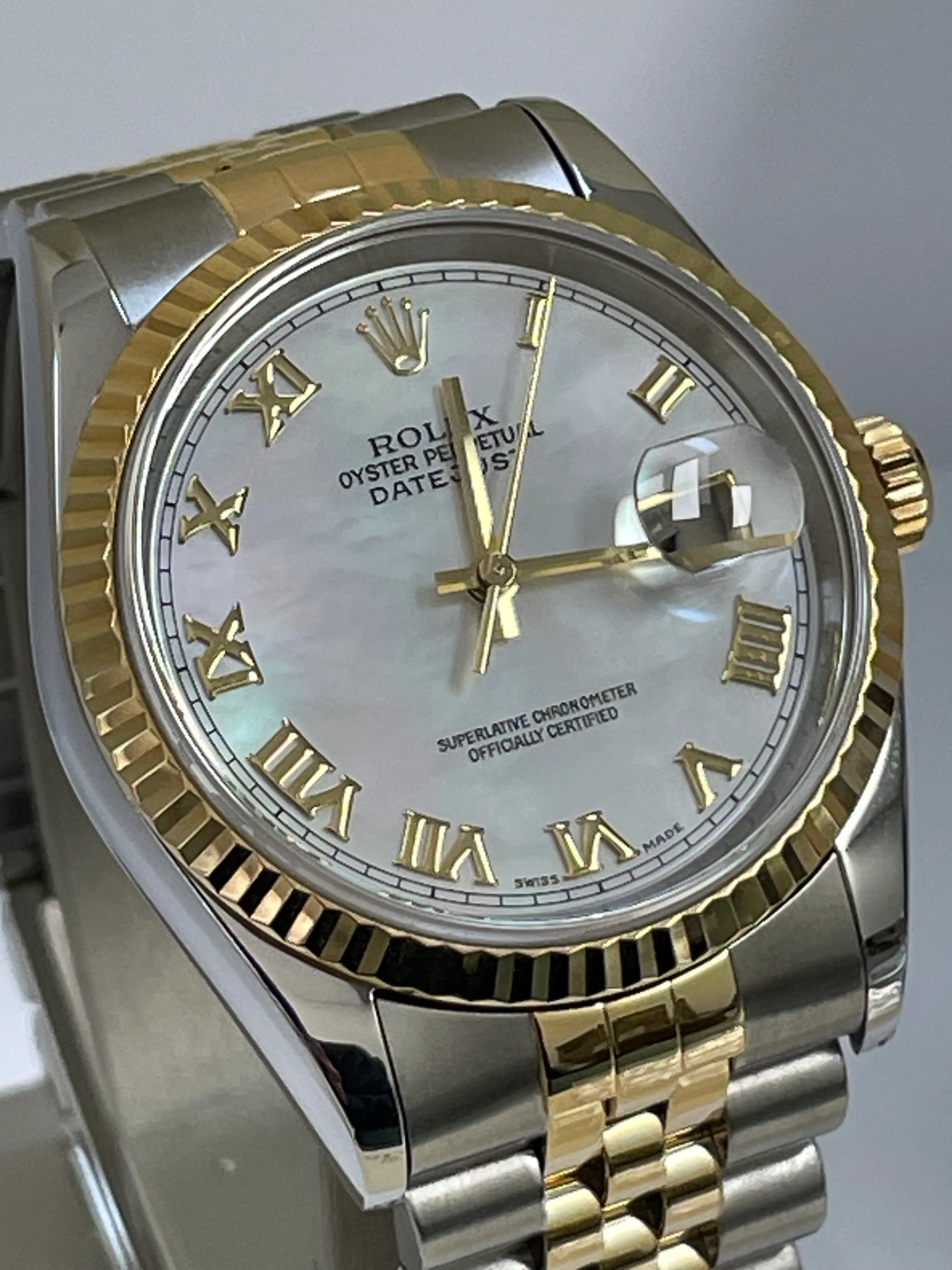 Rolex Steel and Yellow Gold Datejust 36 - U Serial - Fluted Bezel - Mother of Pearl Roman Dial - Jubilee Bracelet - 16233