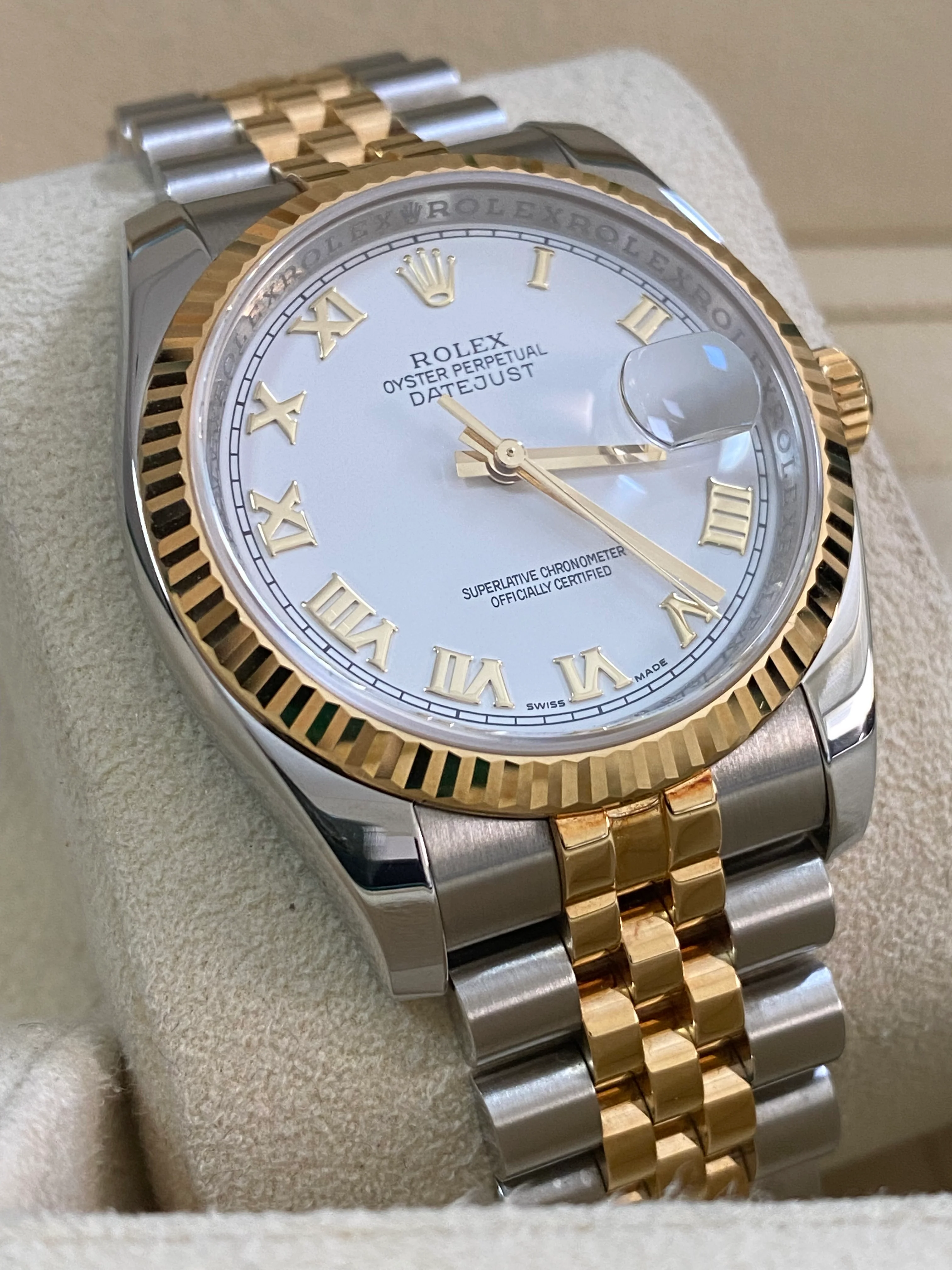 Rolex Steel and Yellow Gold Datejust 36 - 2017 - Fluted Bezel - White Roman Dial - Jubilee Bracelet - 116233 *UNPOLISHED*