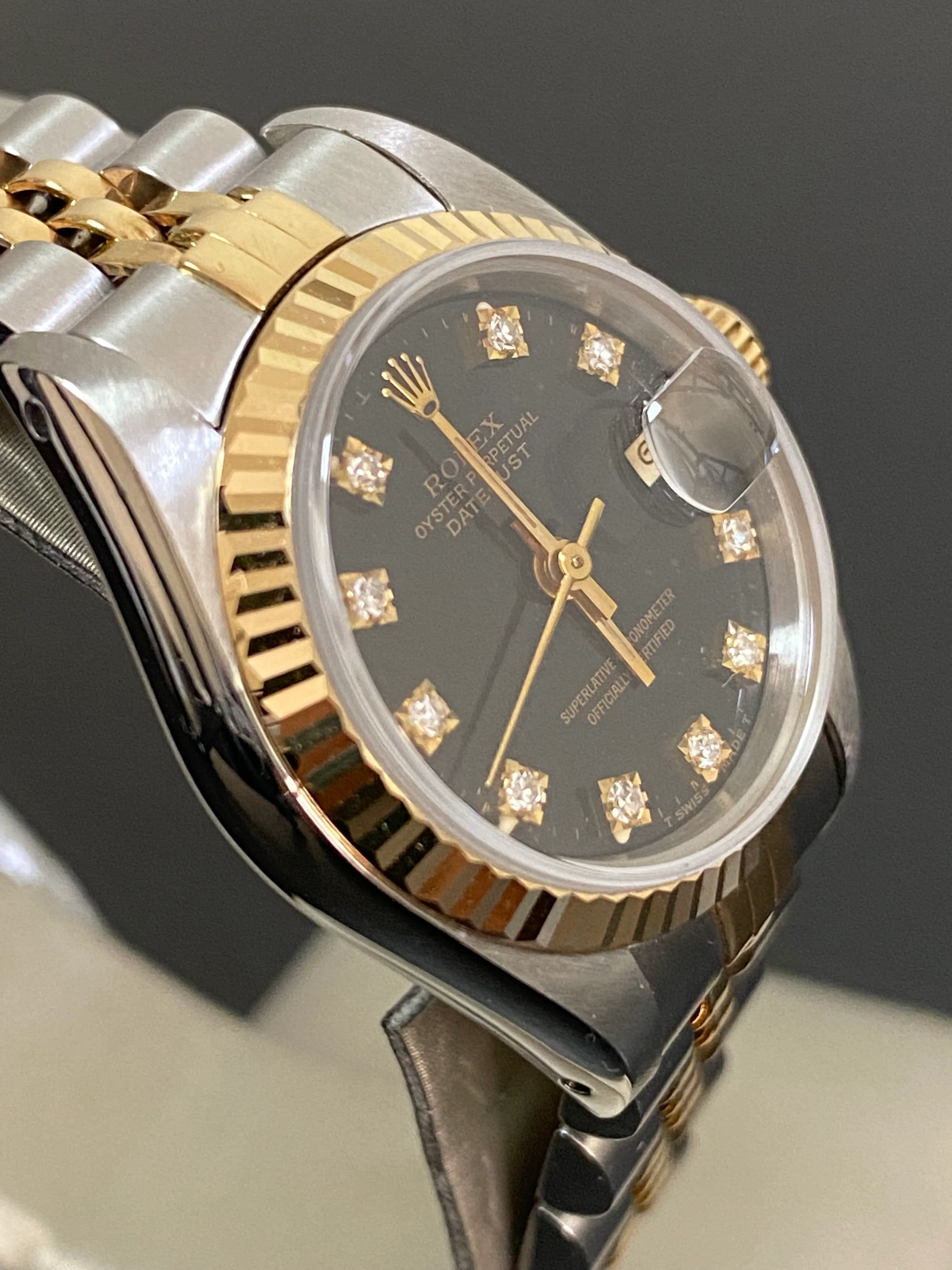 Rolex Steel and Yellow Gold Lady-Datejust - Fluted Bezel - Black Diamond Dial - Jubilee Bracelet - 69173