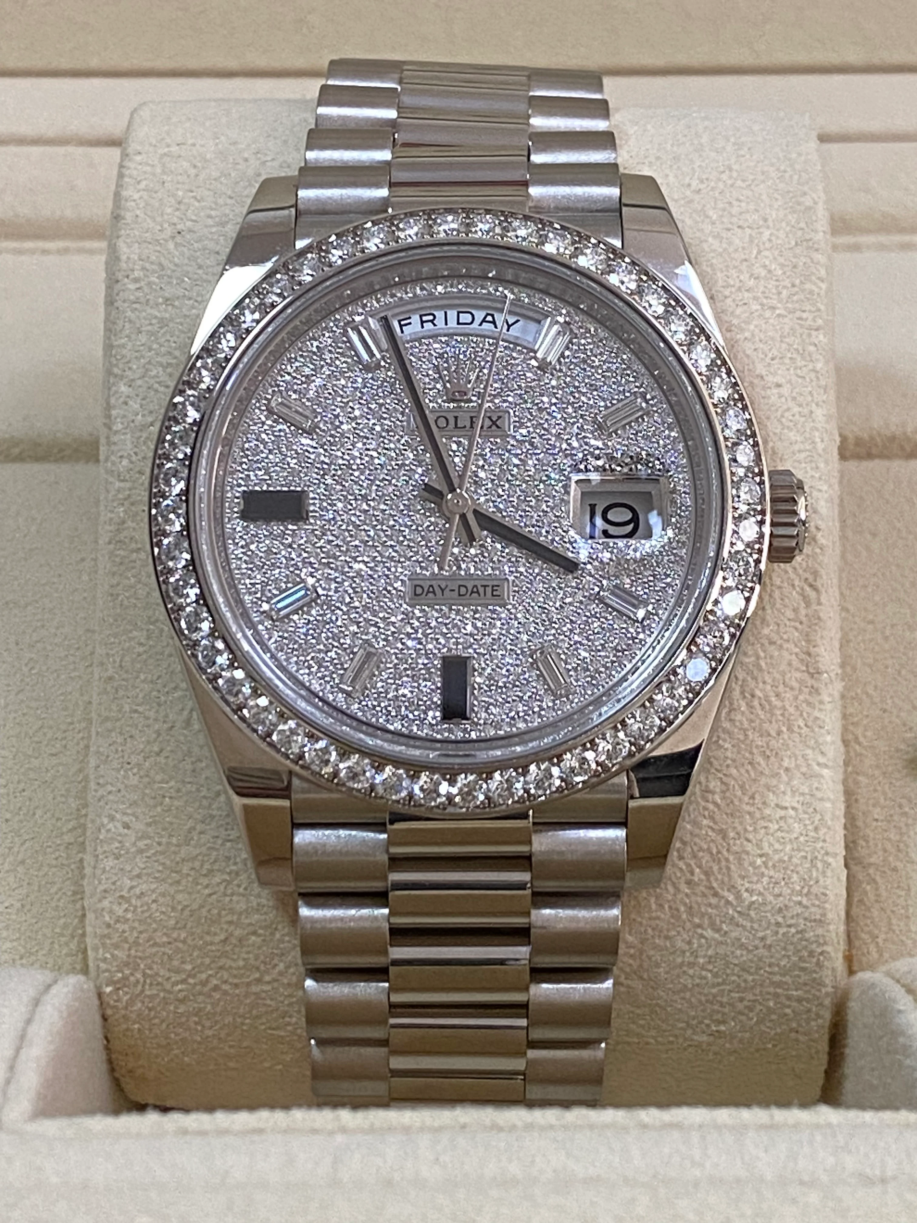 Rolex White Gold Day-Date 40 - 2023 - Diamond Bezel - Paved Diamond Baguette Dial - President Bracelet - 228349RBR *COMPLETE SET*