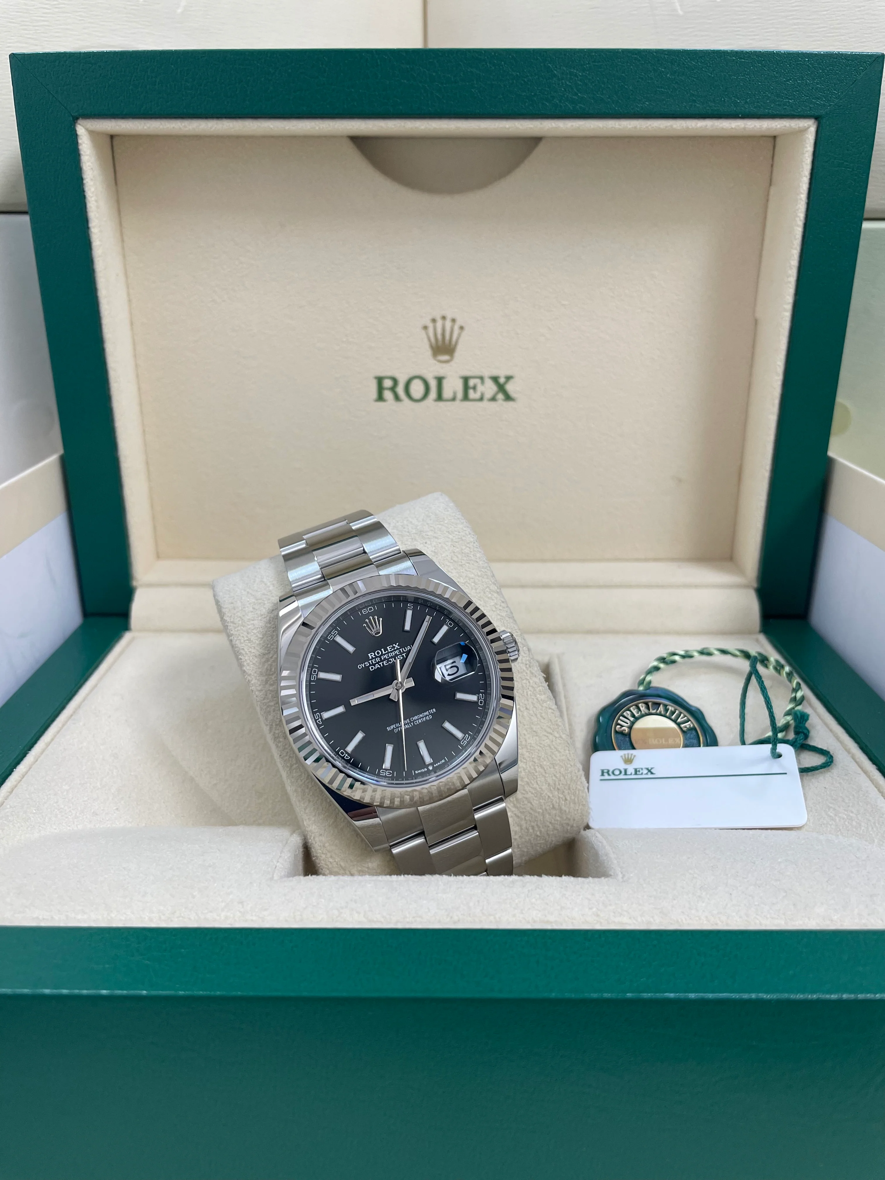 Rolex Steel and White Gold Datejust 41 - 2023 - Fluted Bezel - Black Index Dial - Oyster Bracelet - 126334
