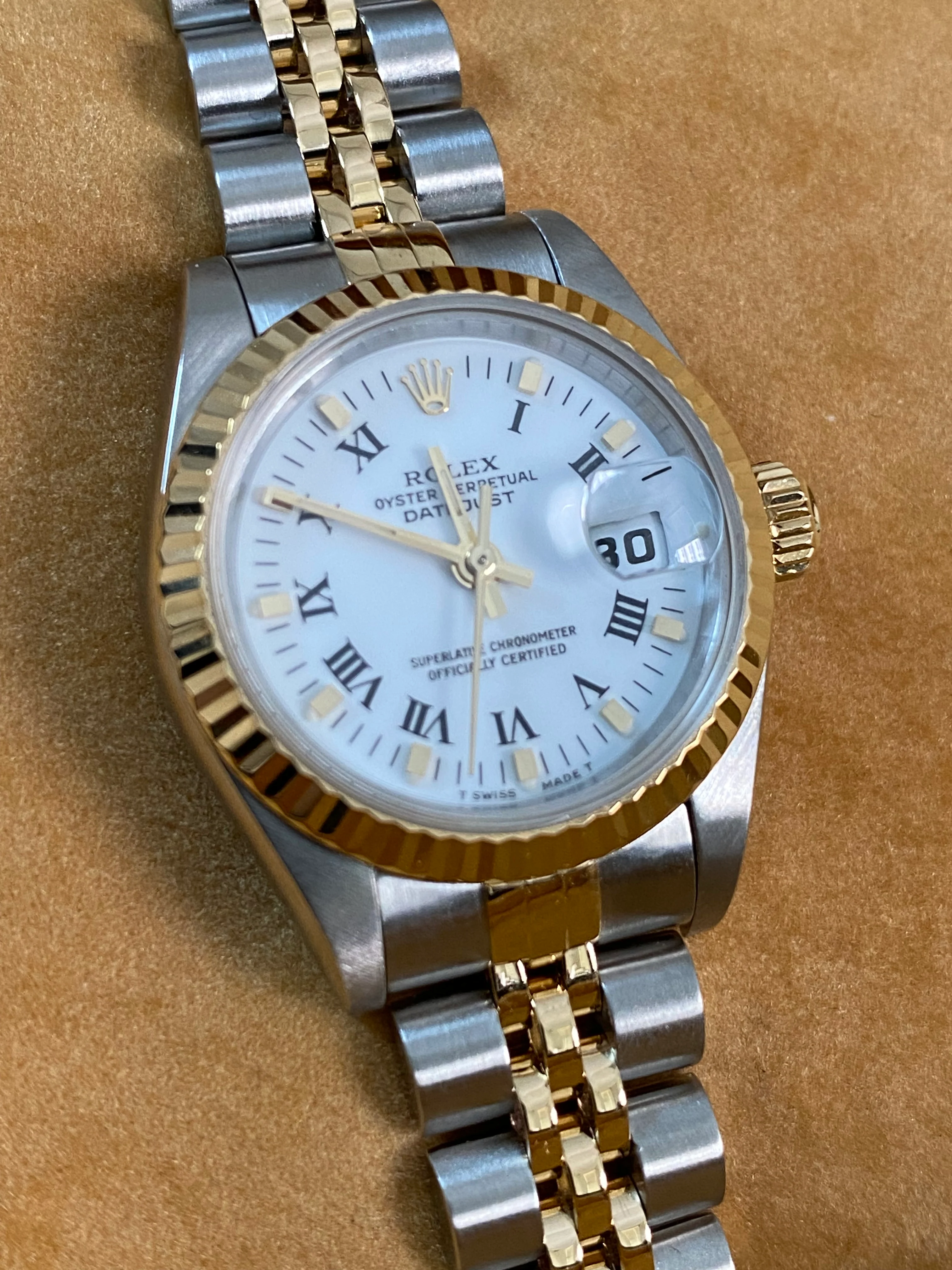 Rolex Steel and Yellow Gold Lady-Datejust - W serial - Fluted Bezel - White Roman Dial - Jubilee Bracelet - 69173 *FULL SET*