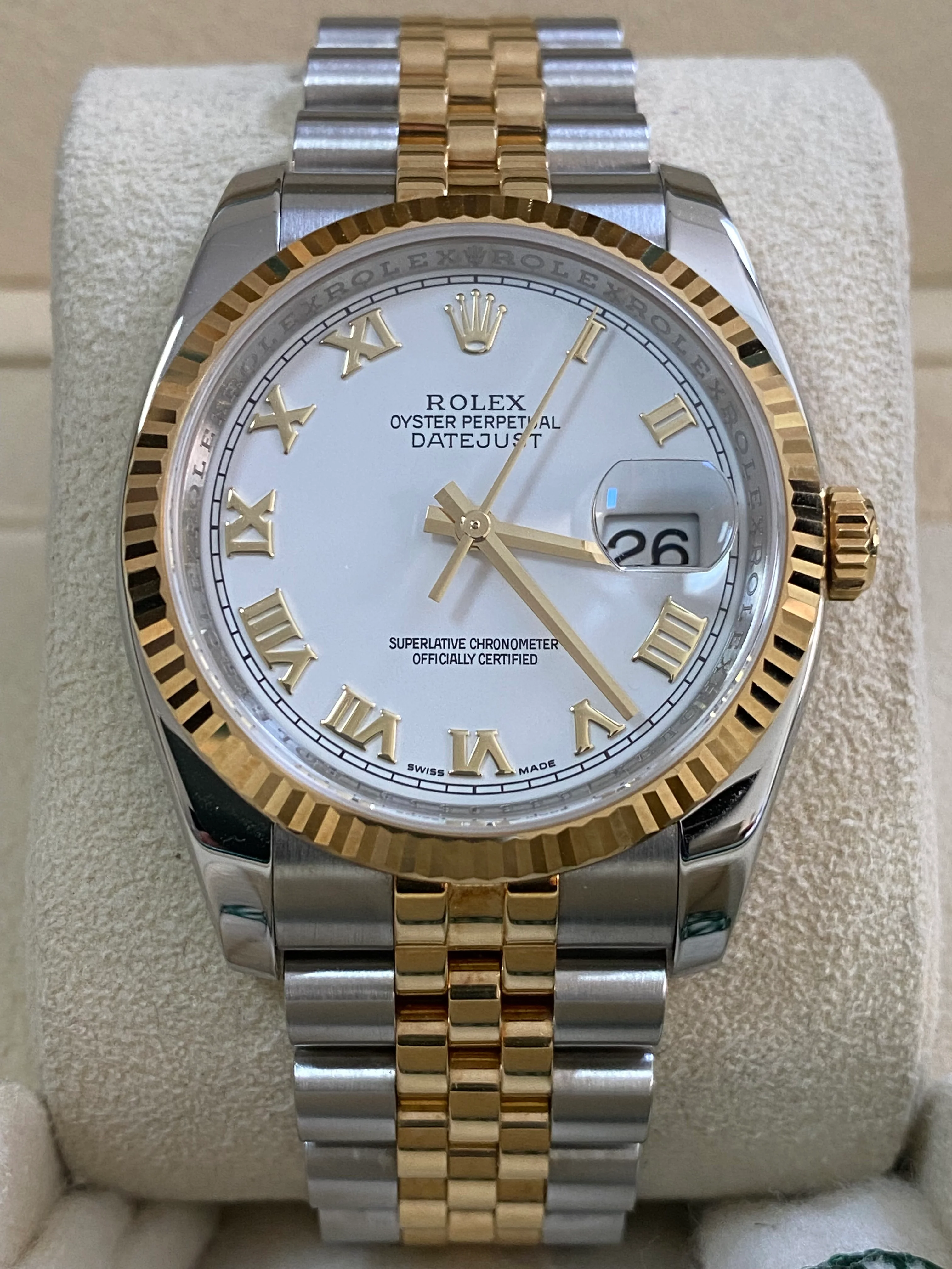 Rolex Steel and Yellow Gold Datejust 36 - 2017 - Fluted Bezel - White Roman Dial - Jubilee Bracelet - 116233 *UNPOLISHED*